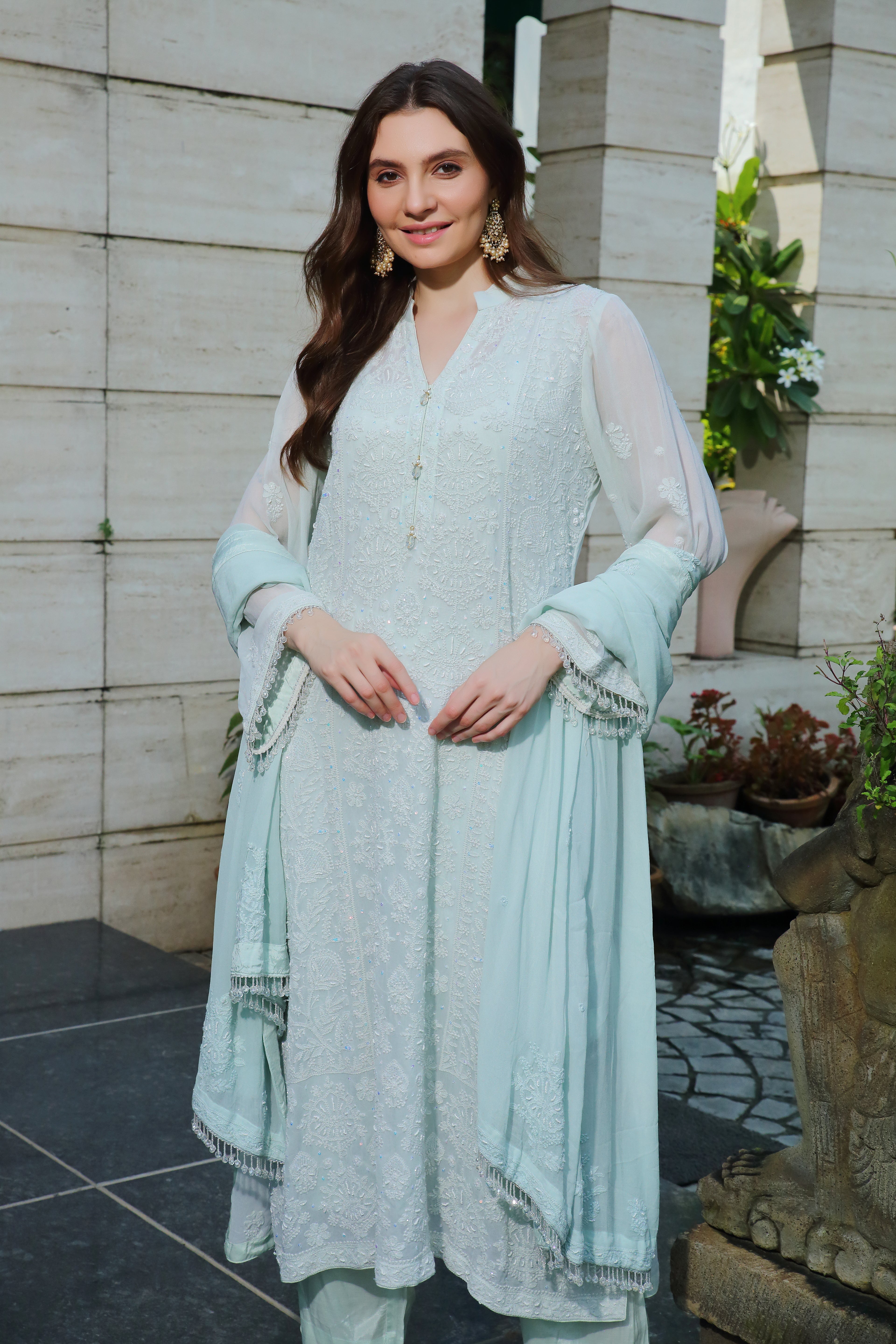 Mint Georgette Nehal Chikankari Kurta Pant Dupatta with Moti Cutdana