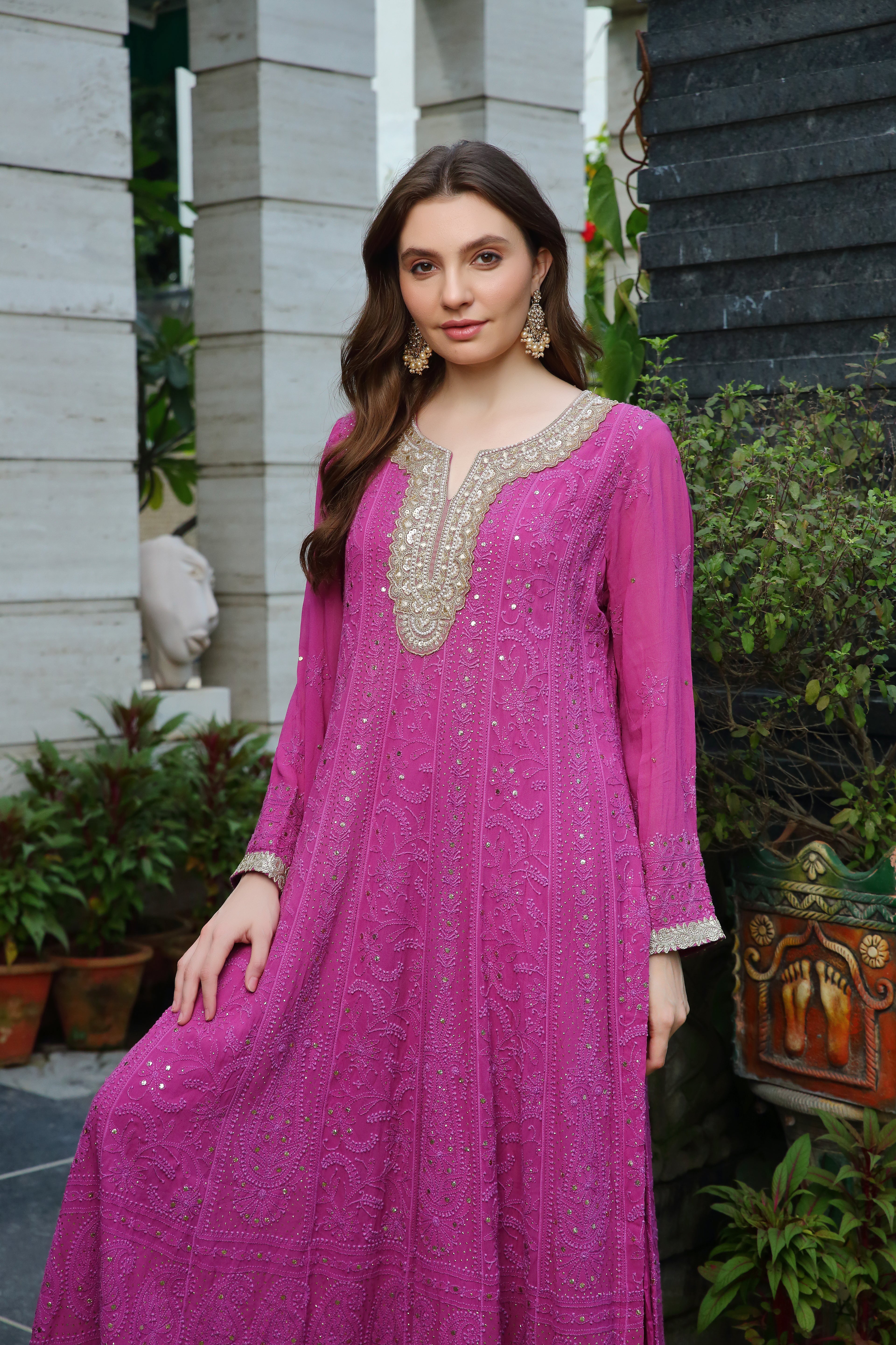 Maheen Georgette anarkali-purple mukaish
