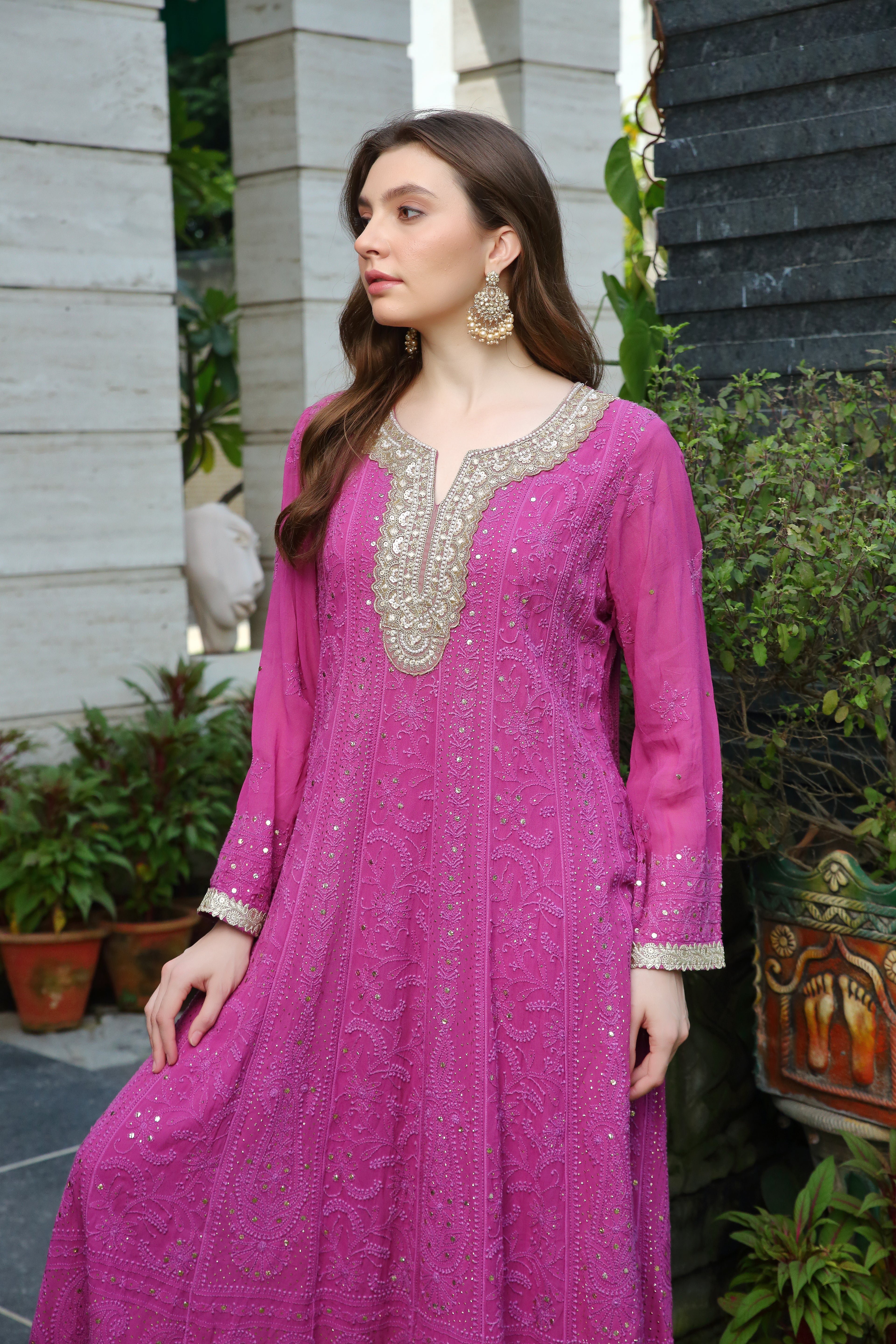 Maheen Georgette anarkali-purple mukaish