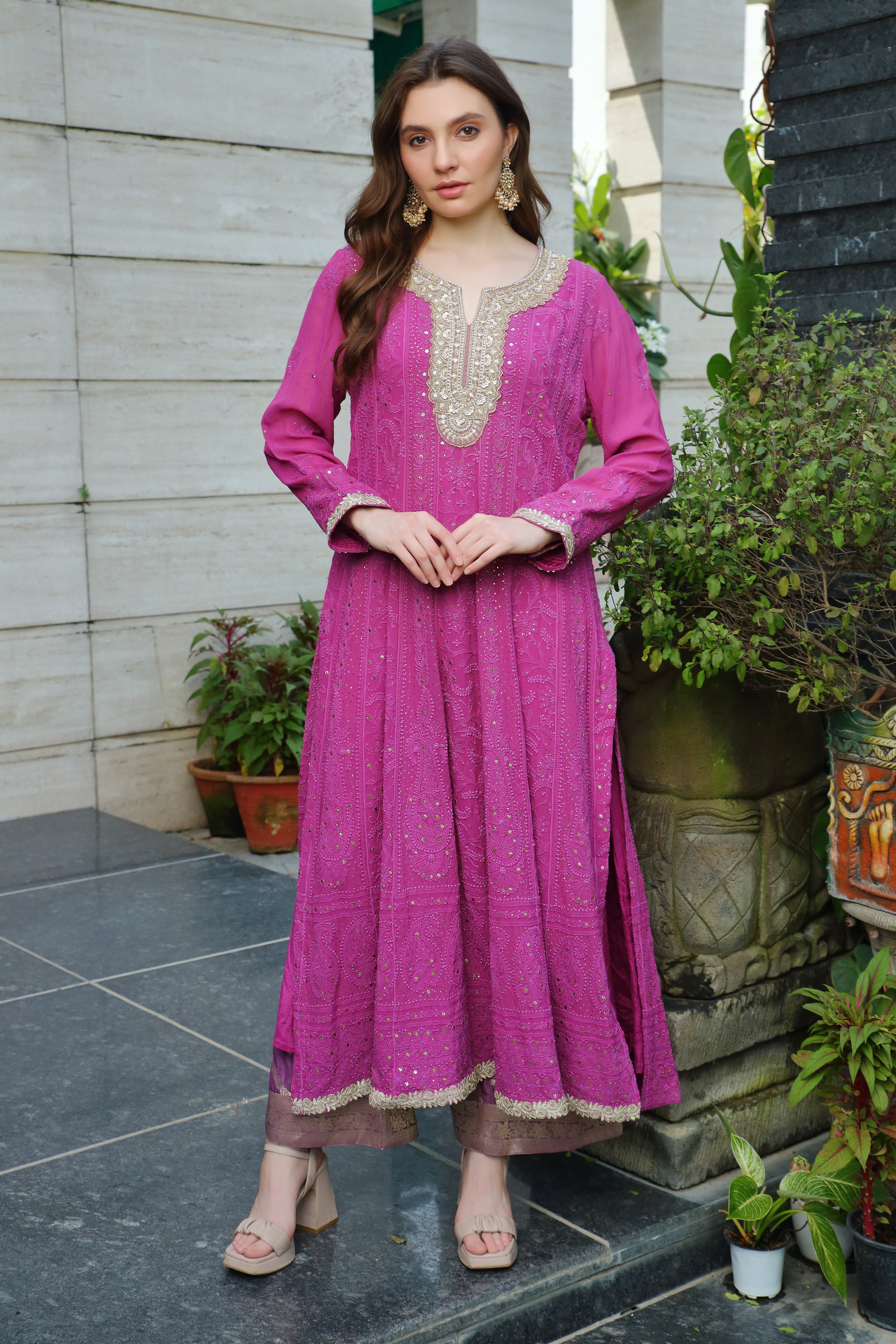 Maheen Georgette anarkali-purple mukaish