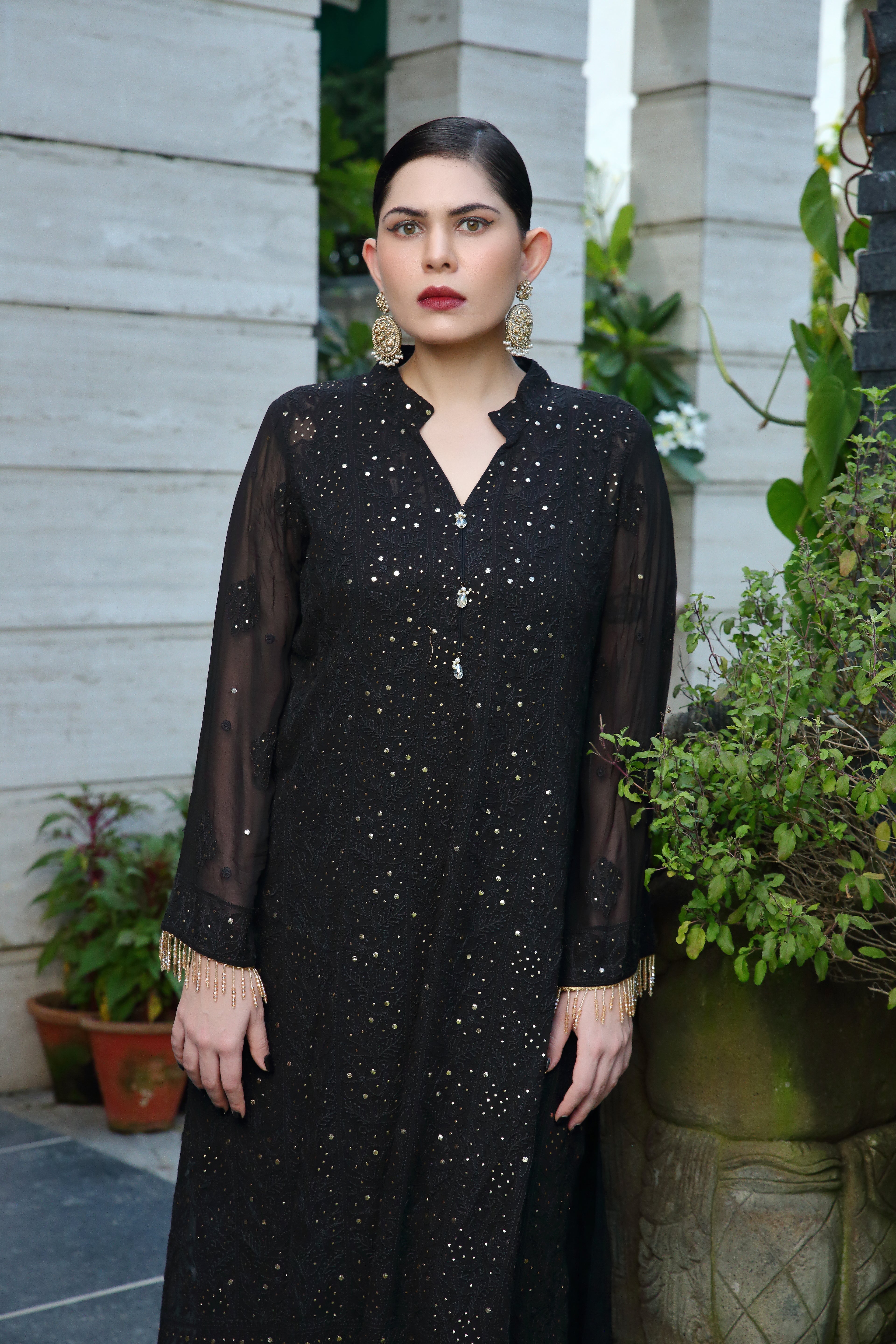Black Pure Georgette Zaib Kurta Pant Dupatta with Mukaish