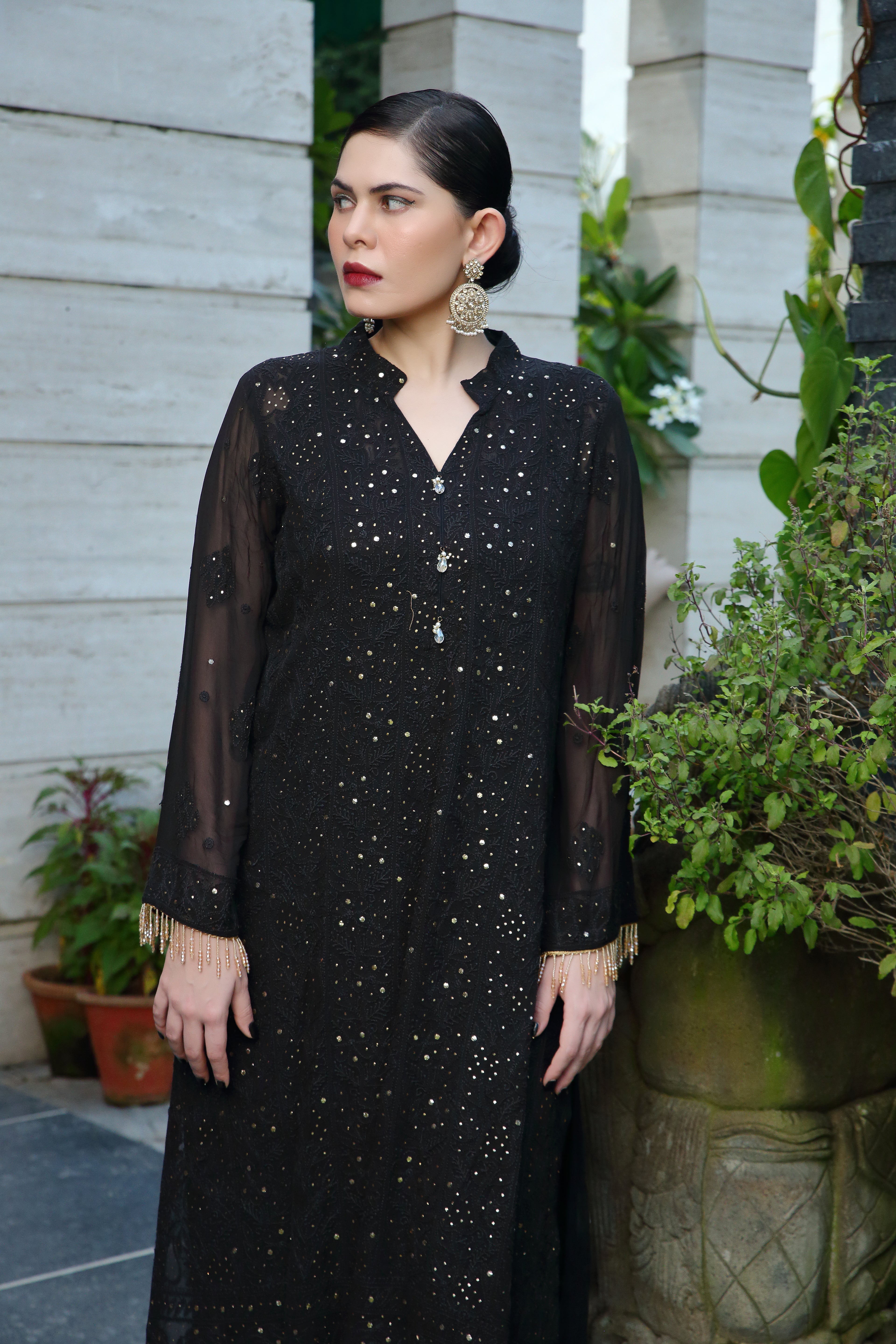 Black Pure Georgette Zaib Kurta Pant Dupatta with Mukaish