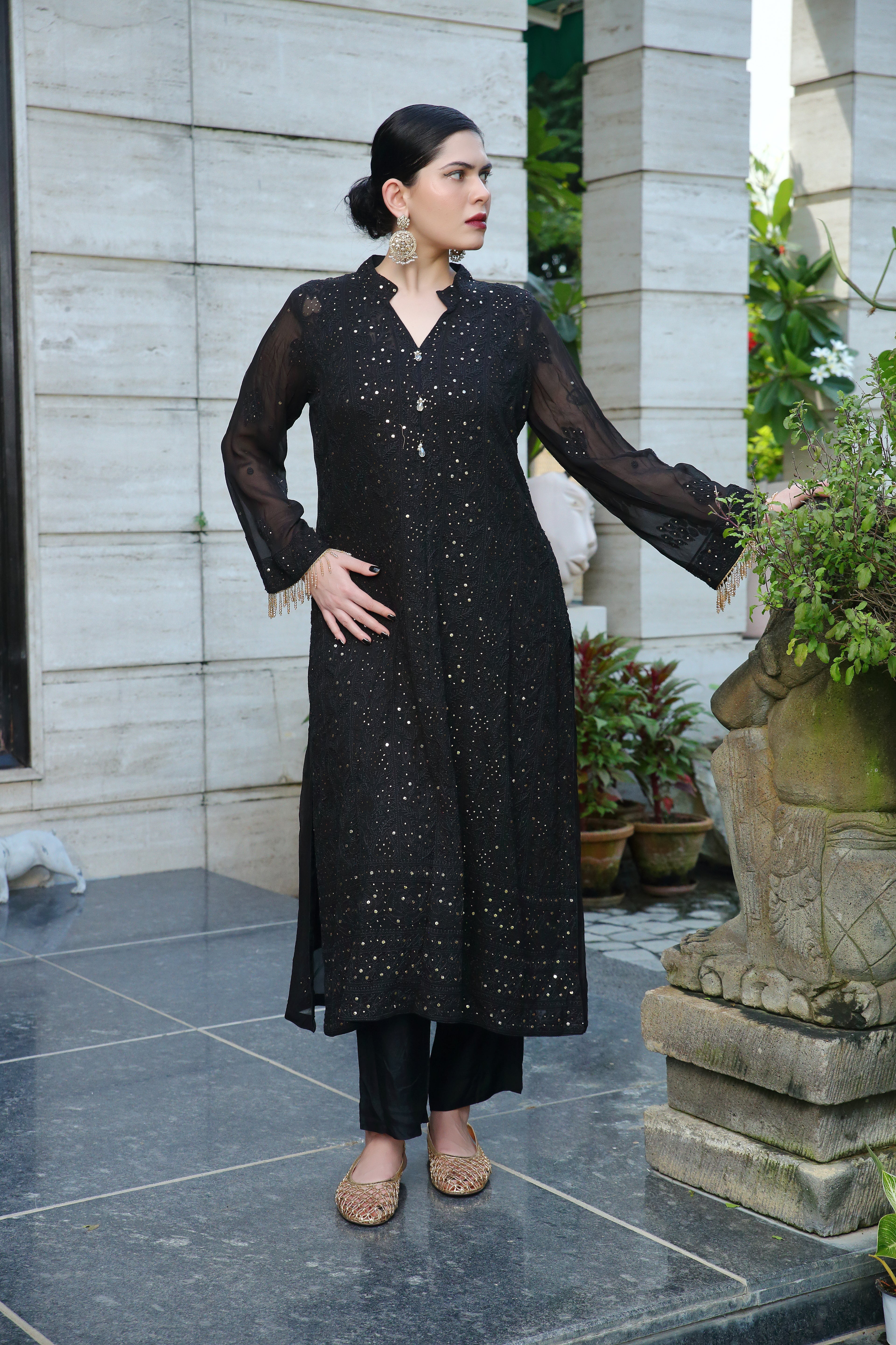 Black Pure Georgette Zaib Kurta Pant Dupatta with Mukaish