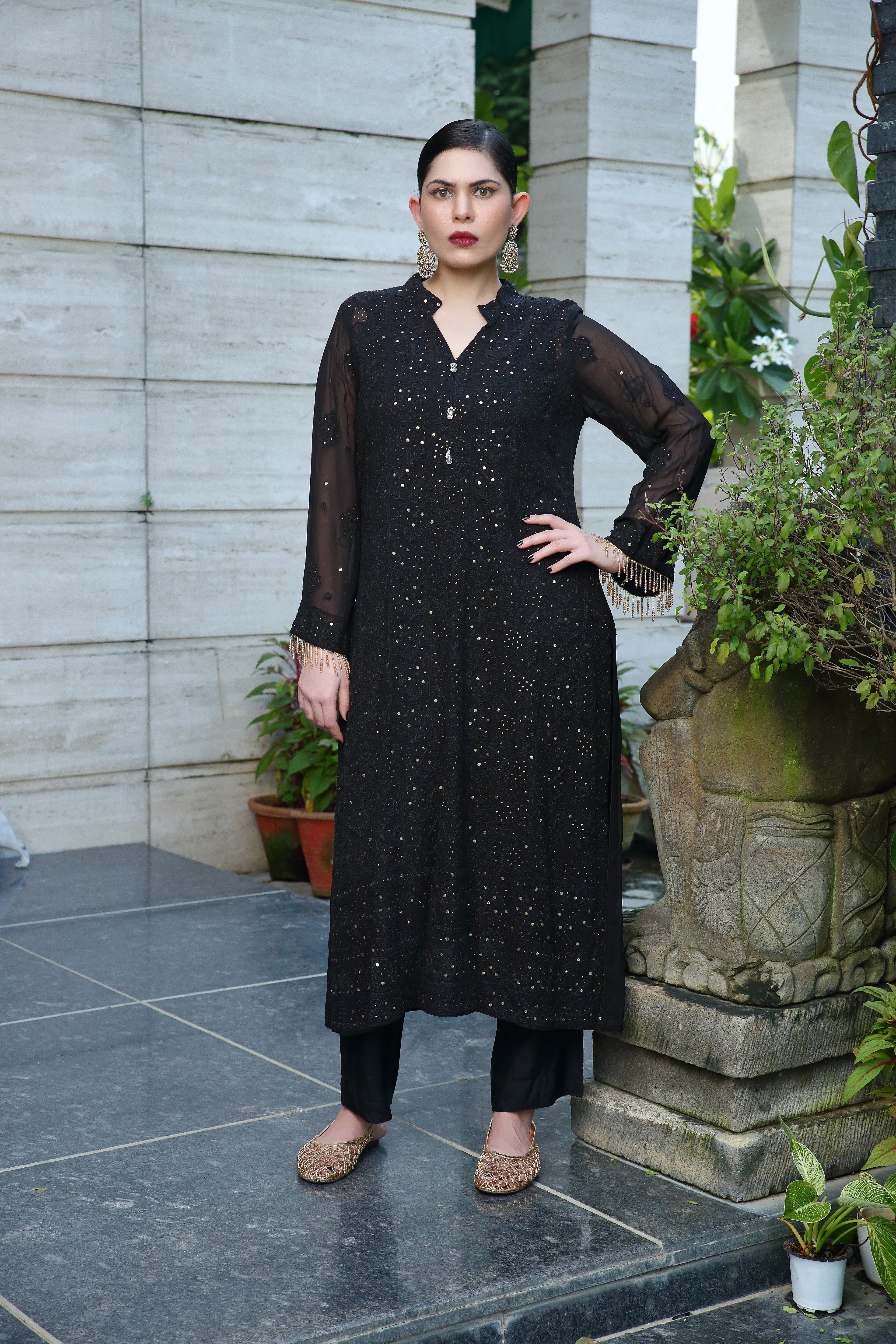 Black Pure Georgette Zaib Kurta Pant Dupatta with Mukaish