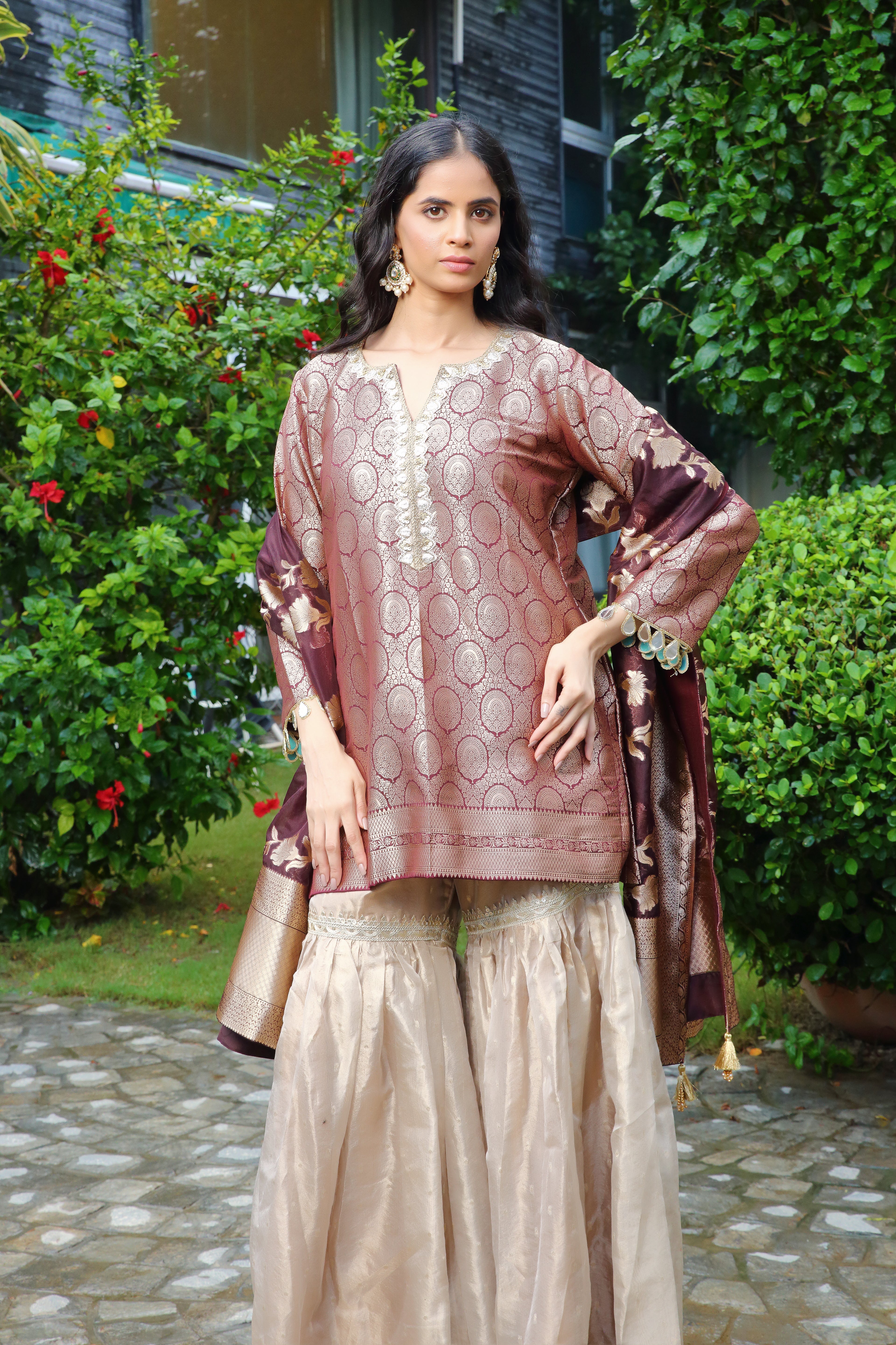 Ishq tissue gharara- maroon