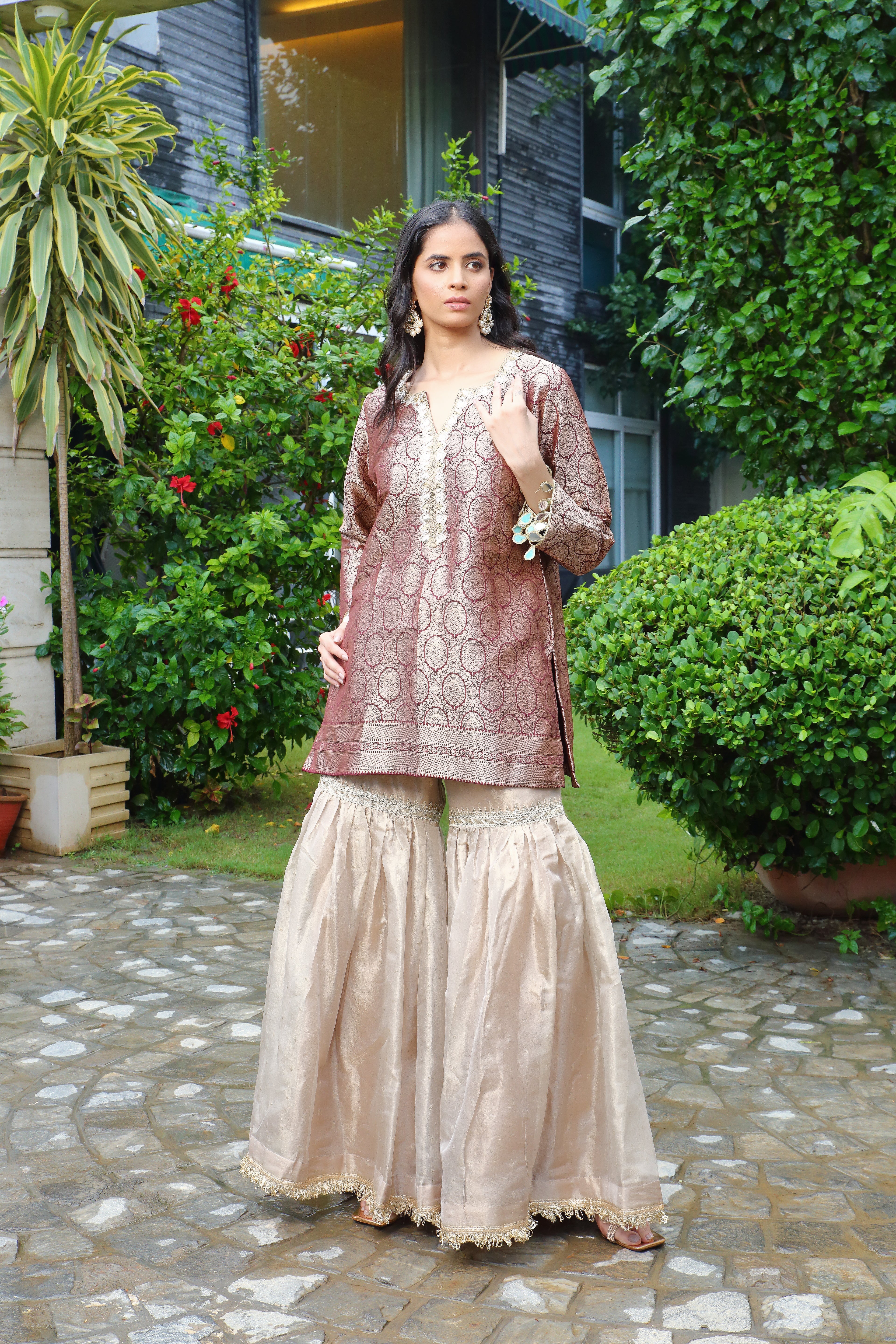 Ishq tissue gharara- maroon