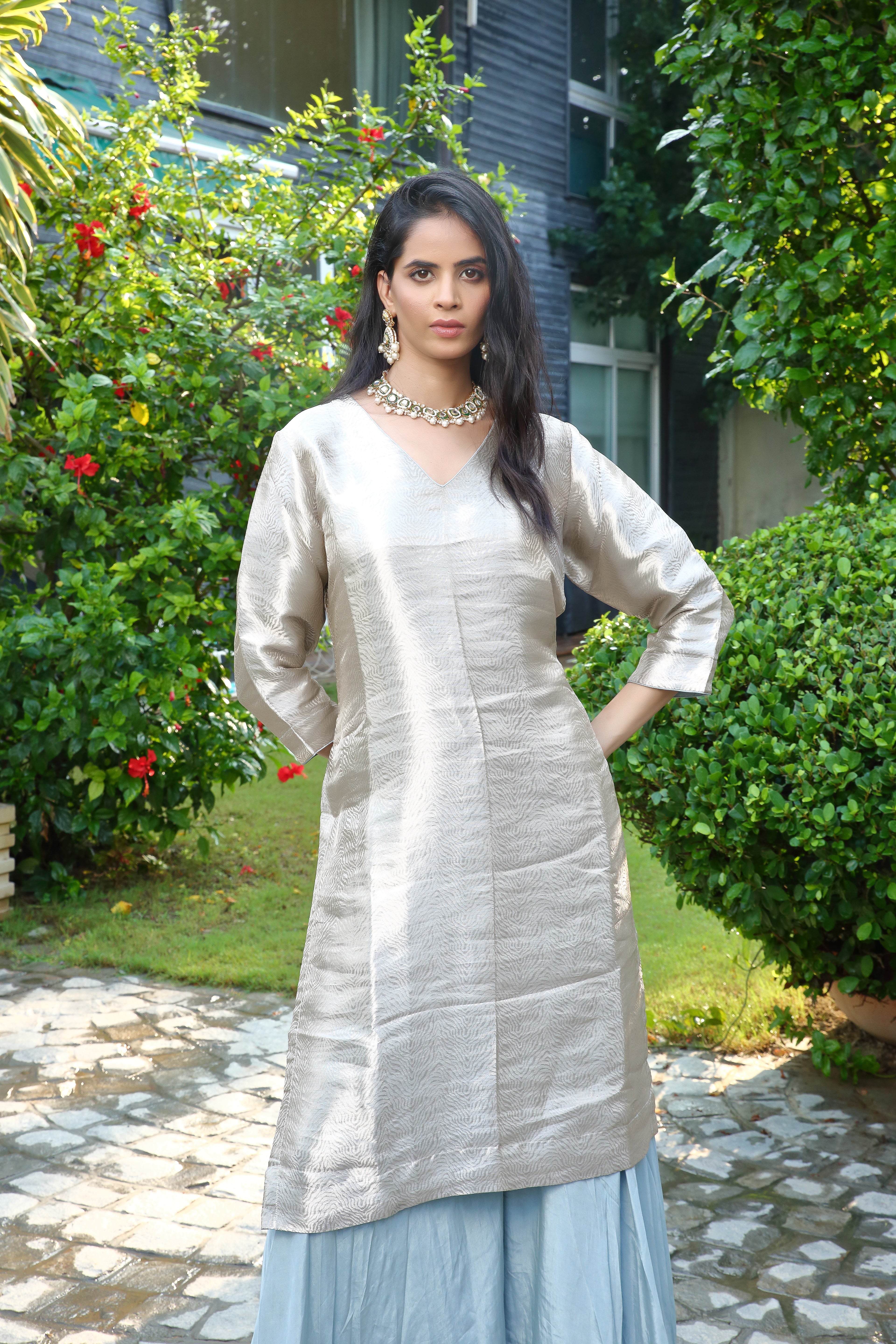 Dua sharara silk brocade- Ice blue
