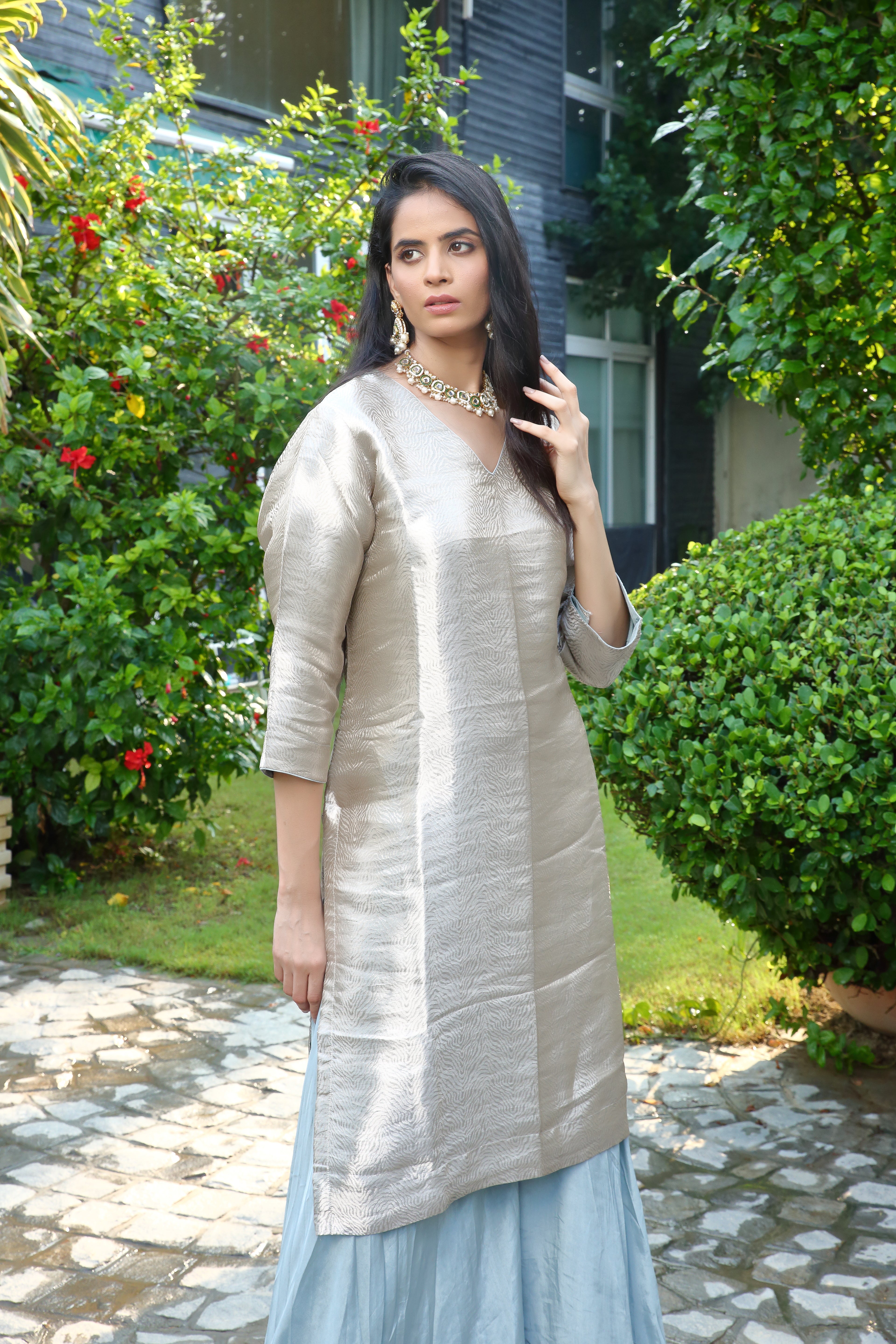 Dua sharara silk brocade- Ice blue