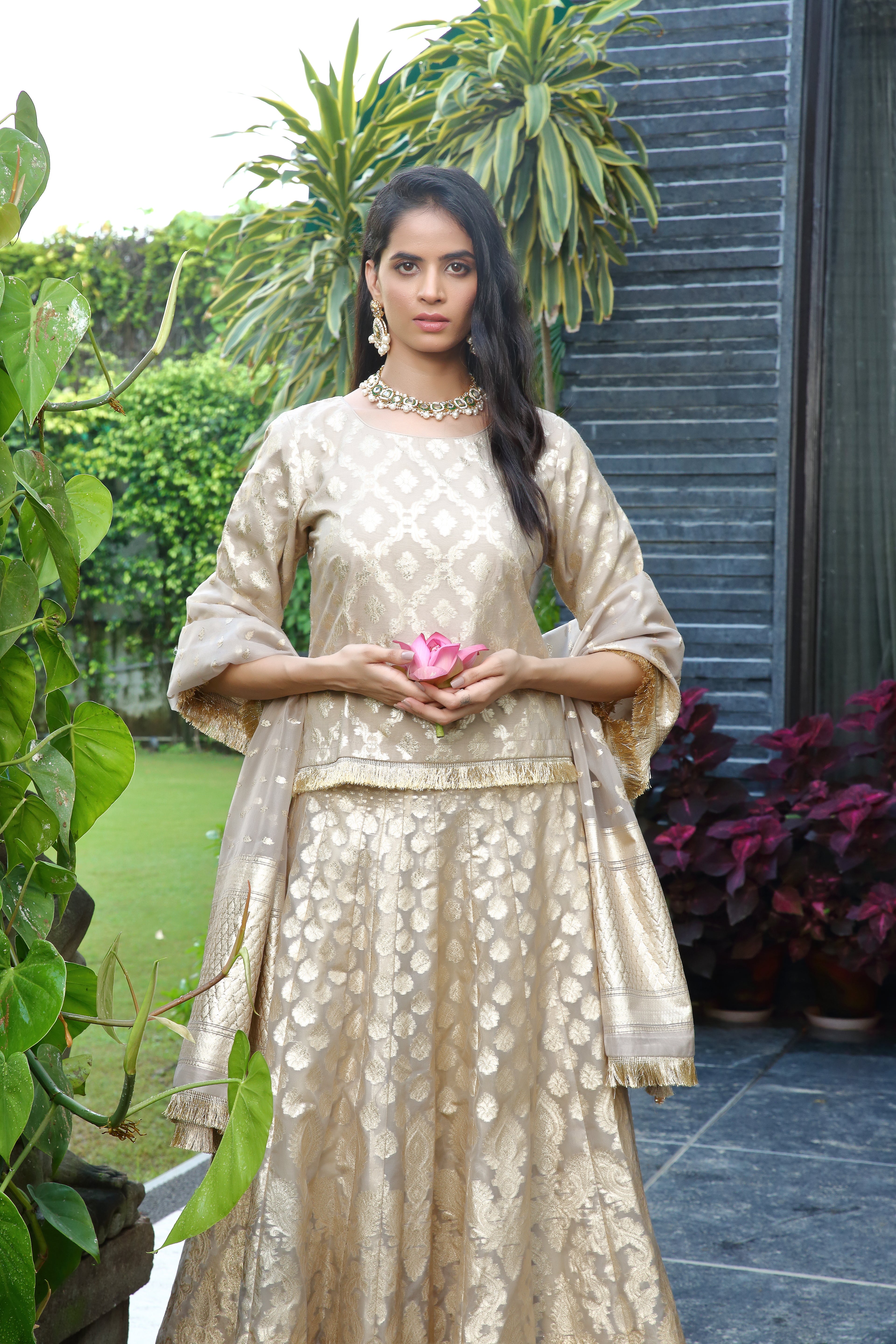 Beige & Gold Palak Ghaghra Set  in