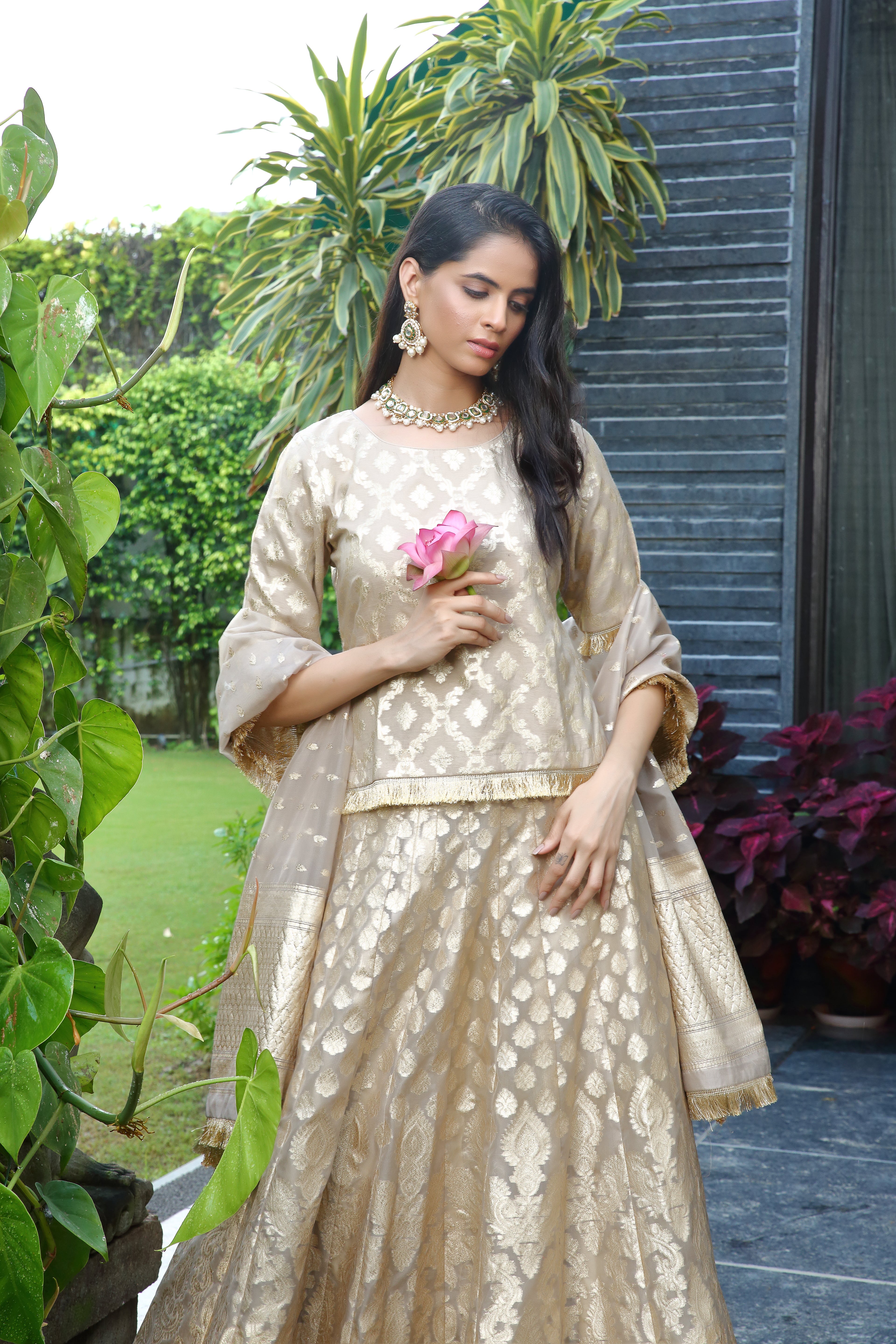 Beige & Gold Palak Ghaghra Set  in