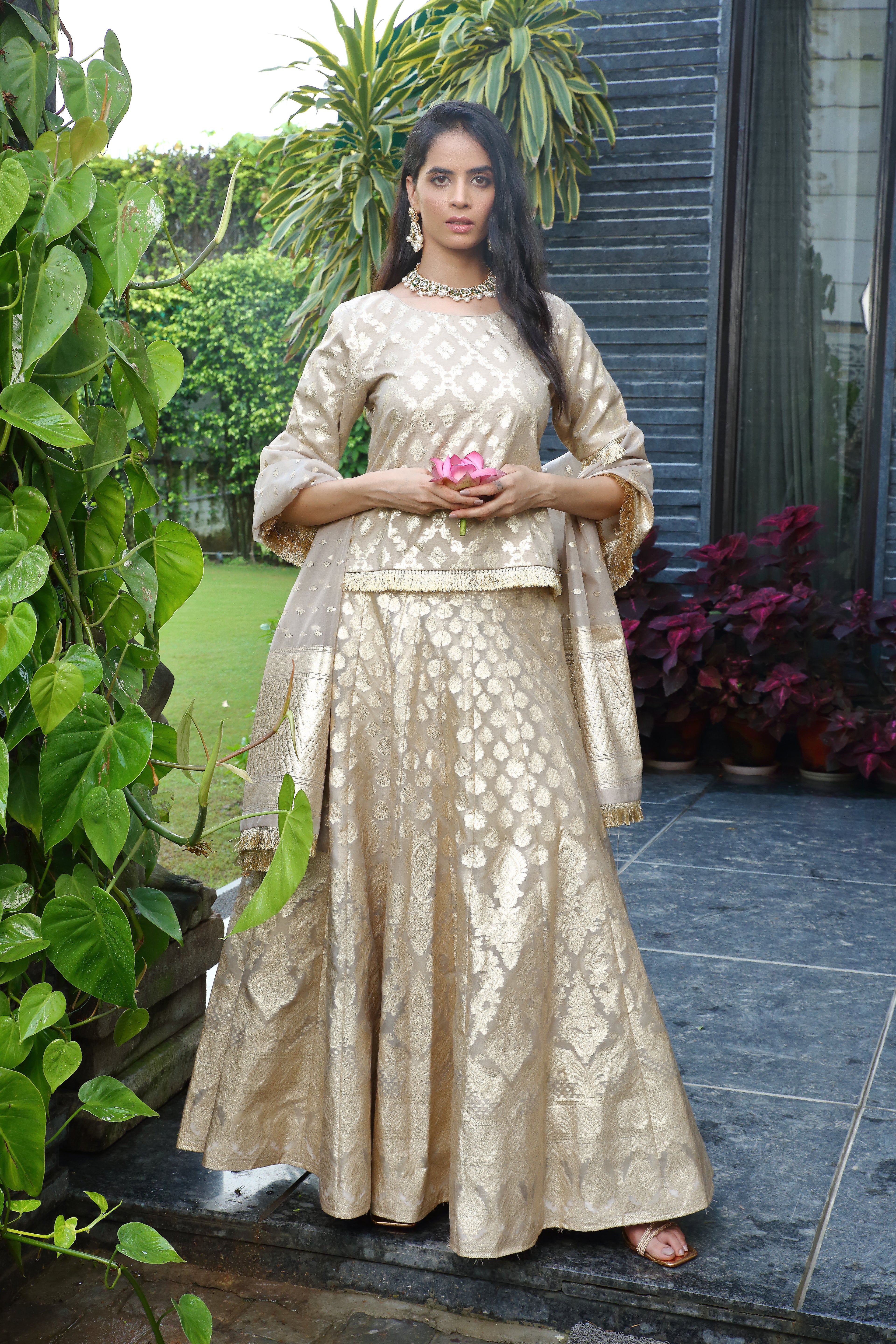Beige & Gold Palak Ghaghra Set  in