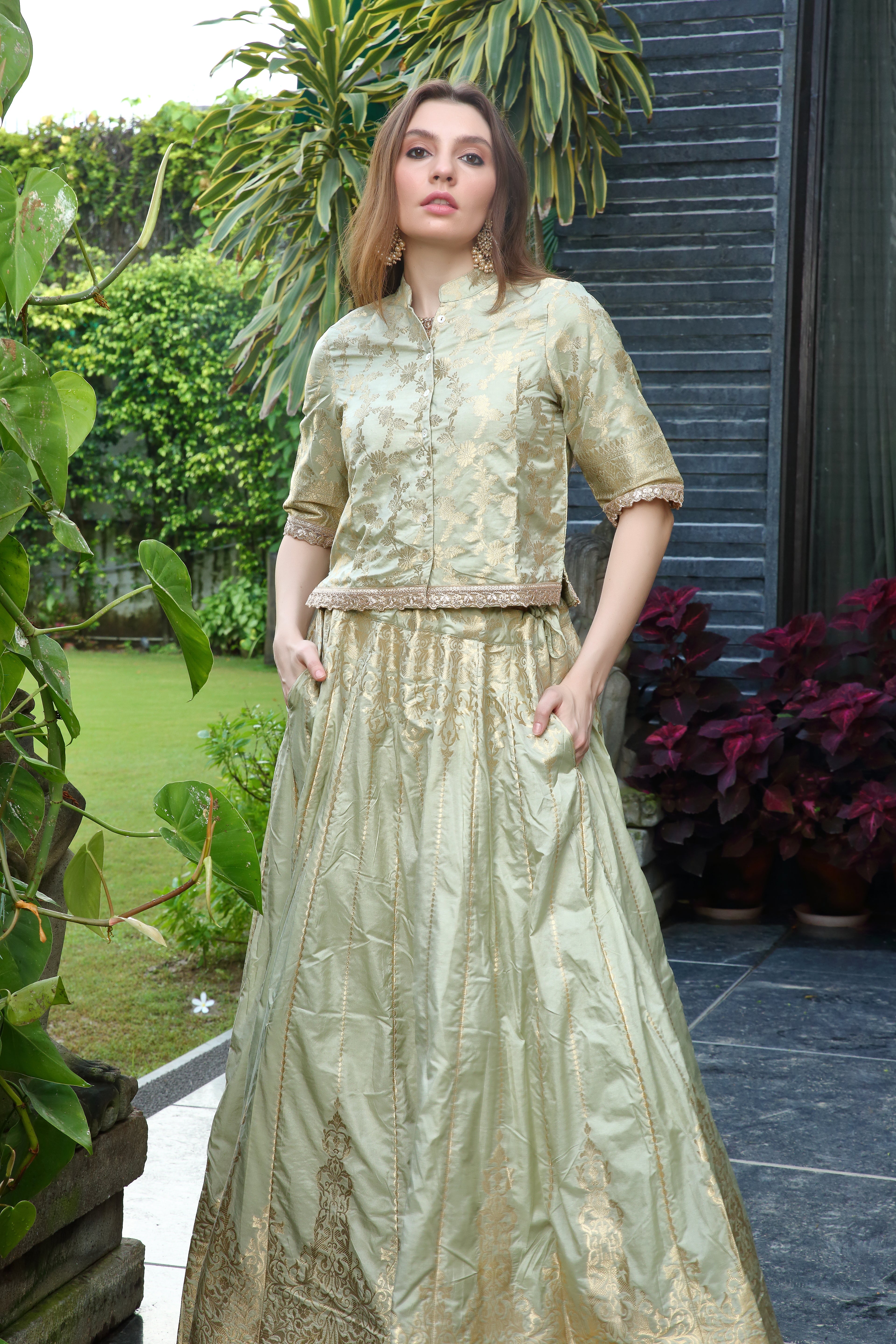 Grass Green & Gold Niamat Ghaghra Set