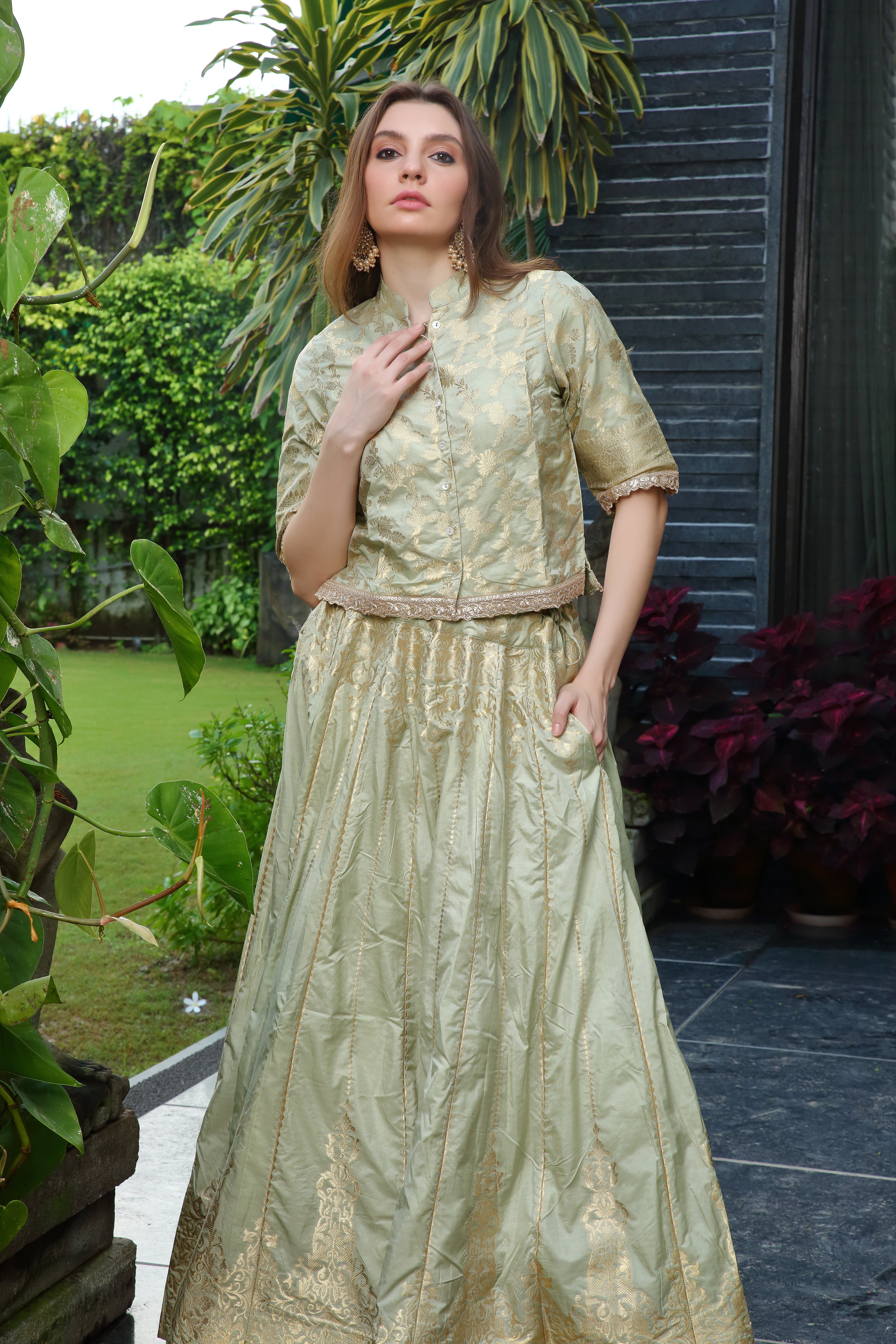 Grass Green & Gold Niamat Ghaghra Set