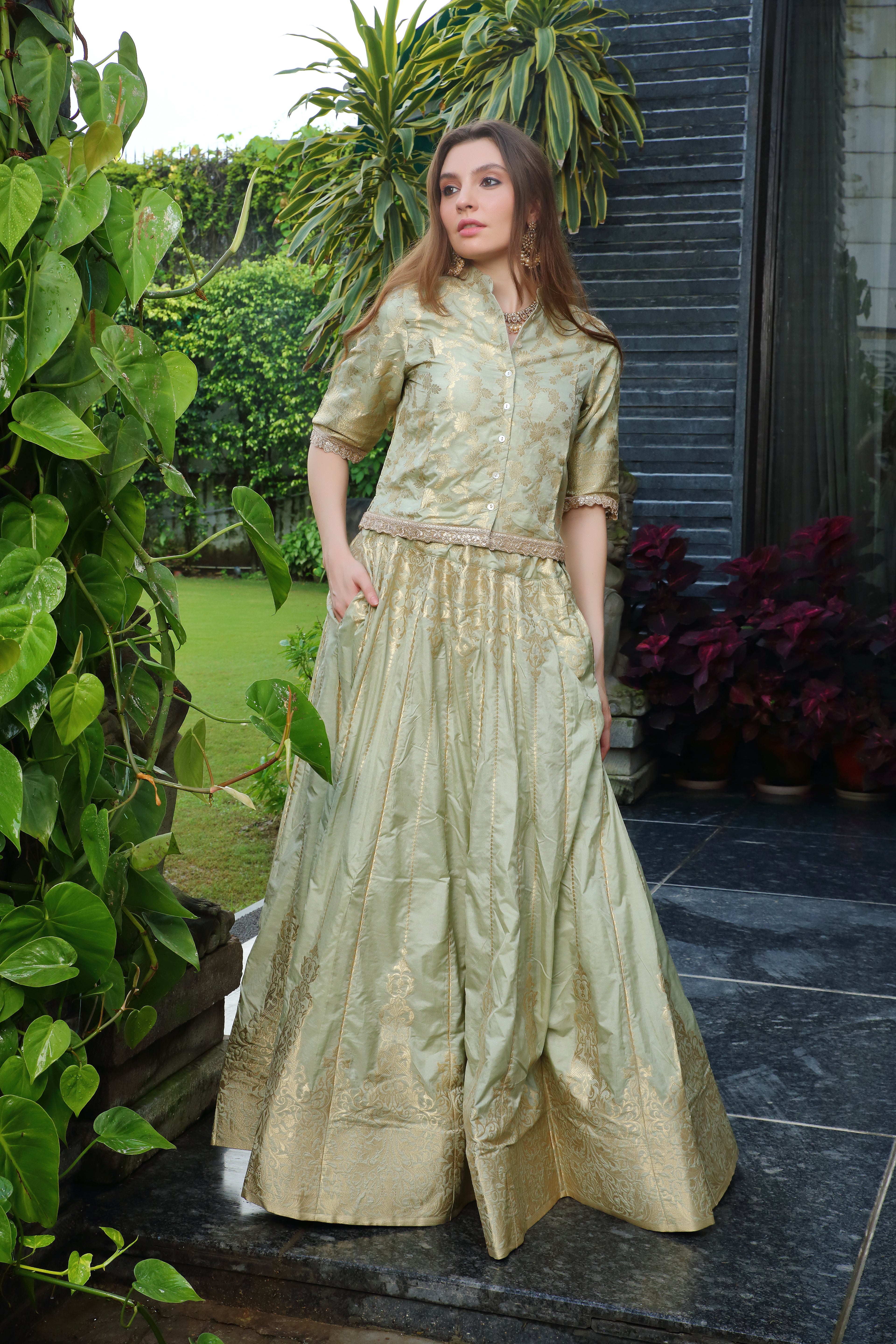 Grass Green & Gold Niamat Ghaghra Set