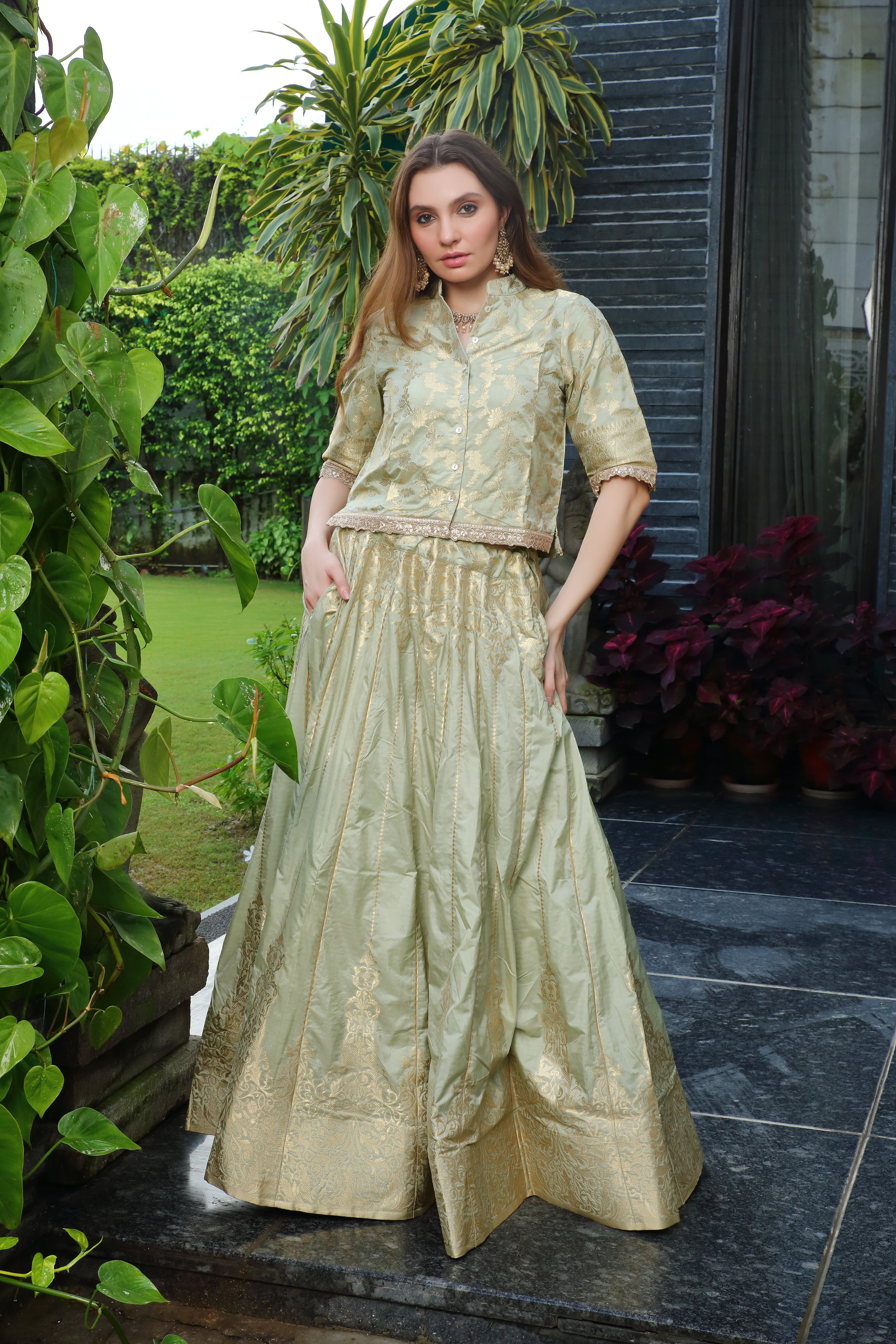 Grass Green & Gold Niamat Ghaghra Set
