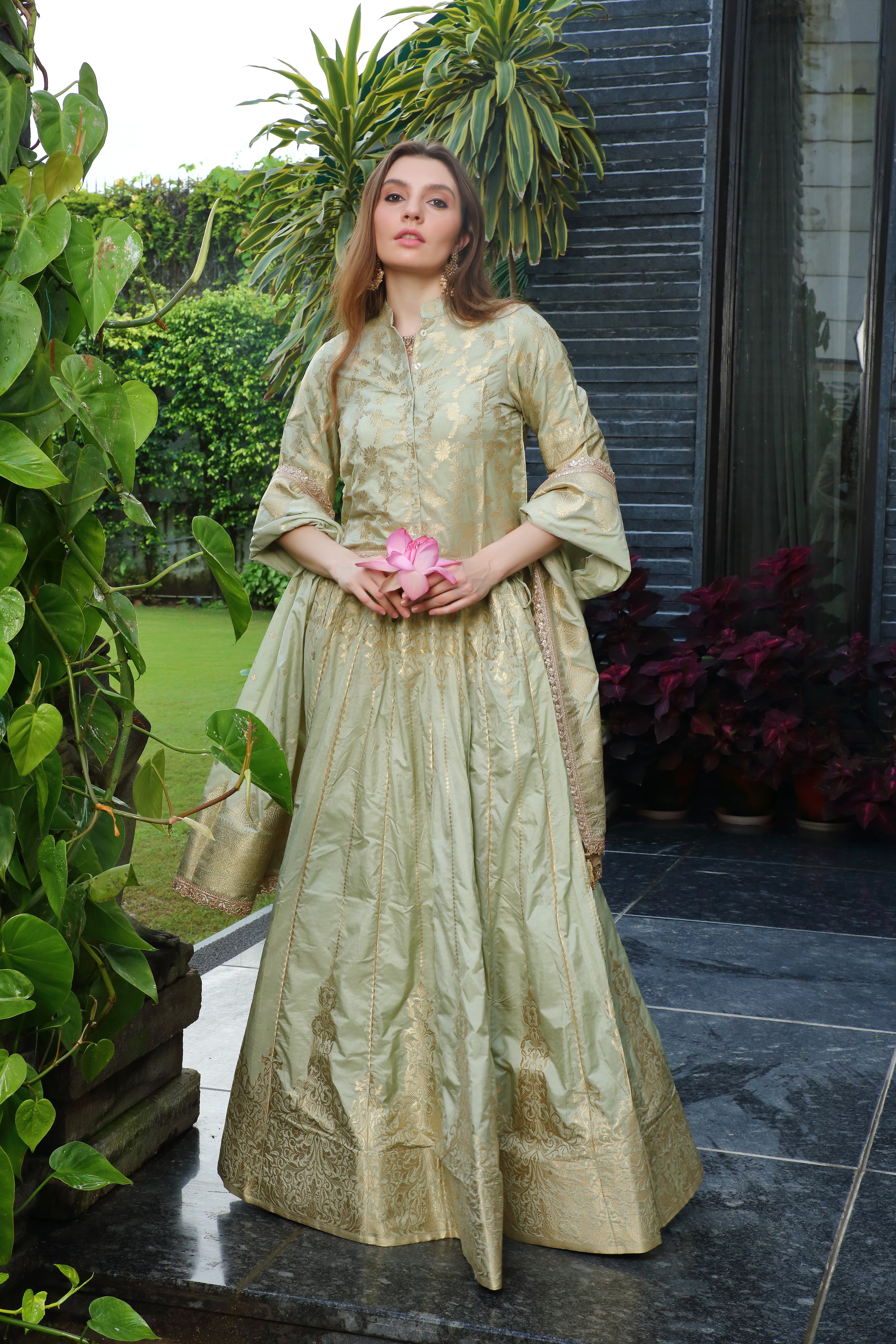 Grass Green & Gold Niamat Ghaghra Set