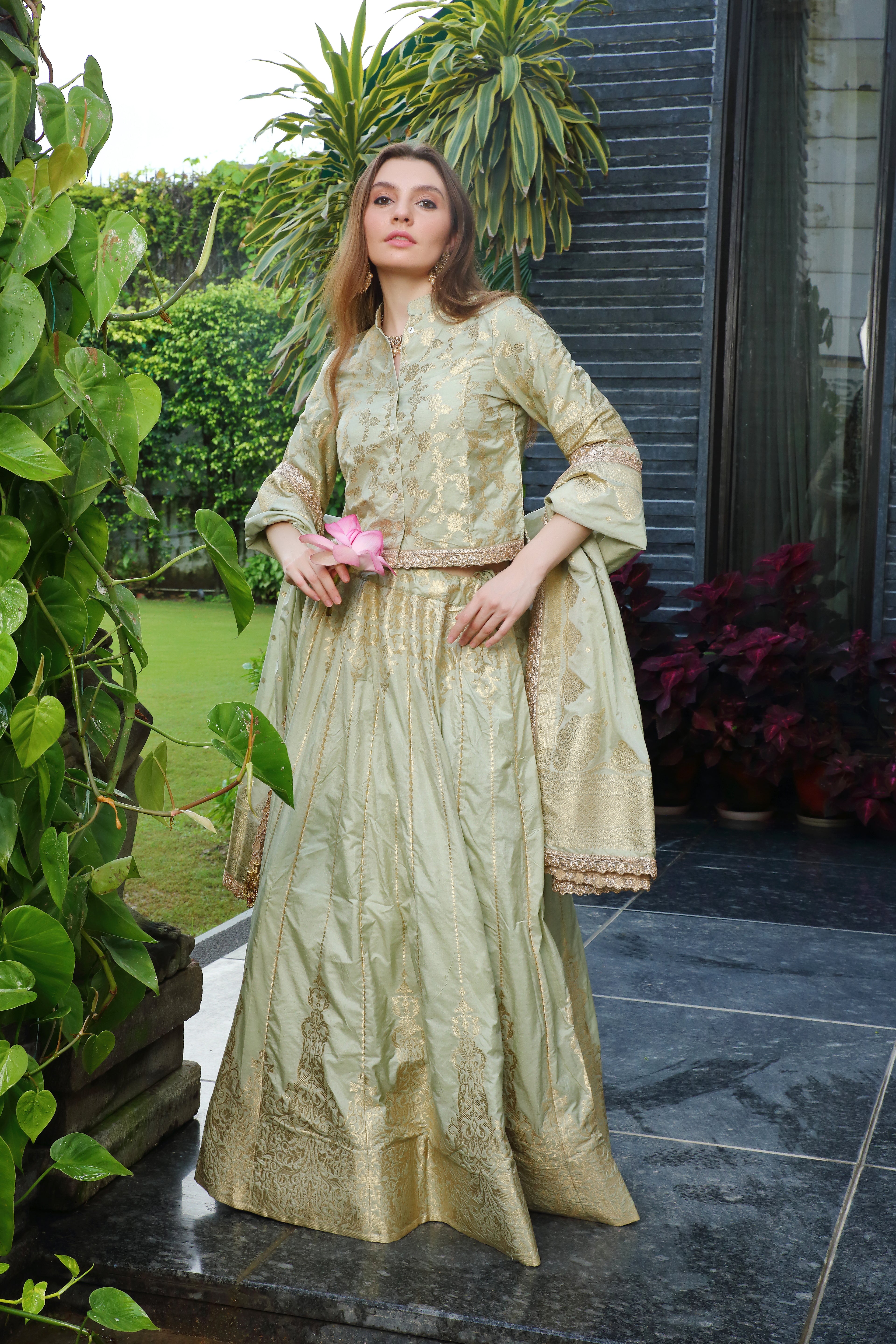 Grass Green & Gold Niamat Ghaghra Set