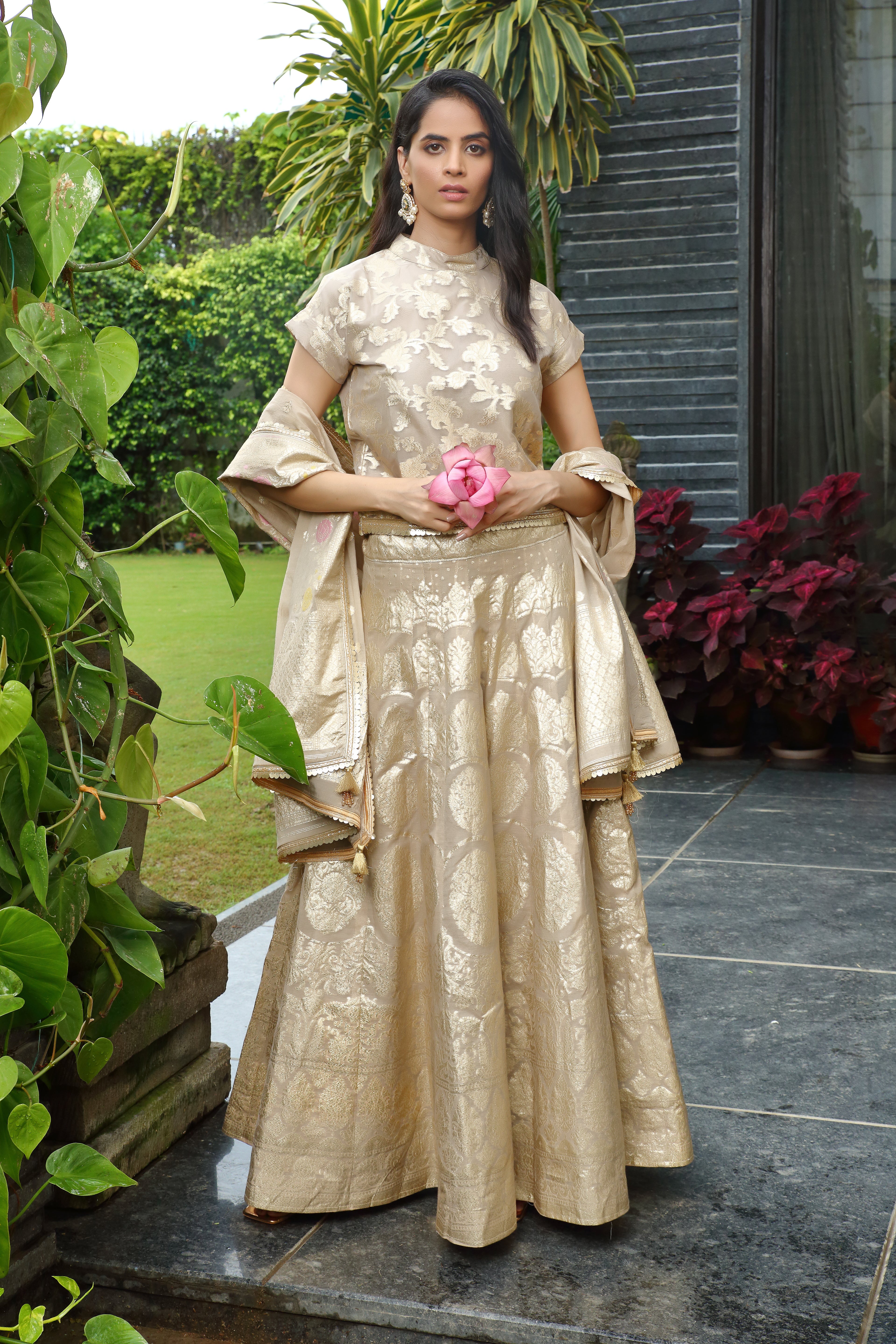 Gold Chanderi Palak Ghaghra Set