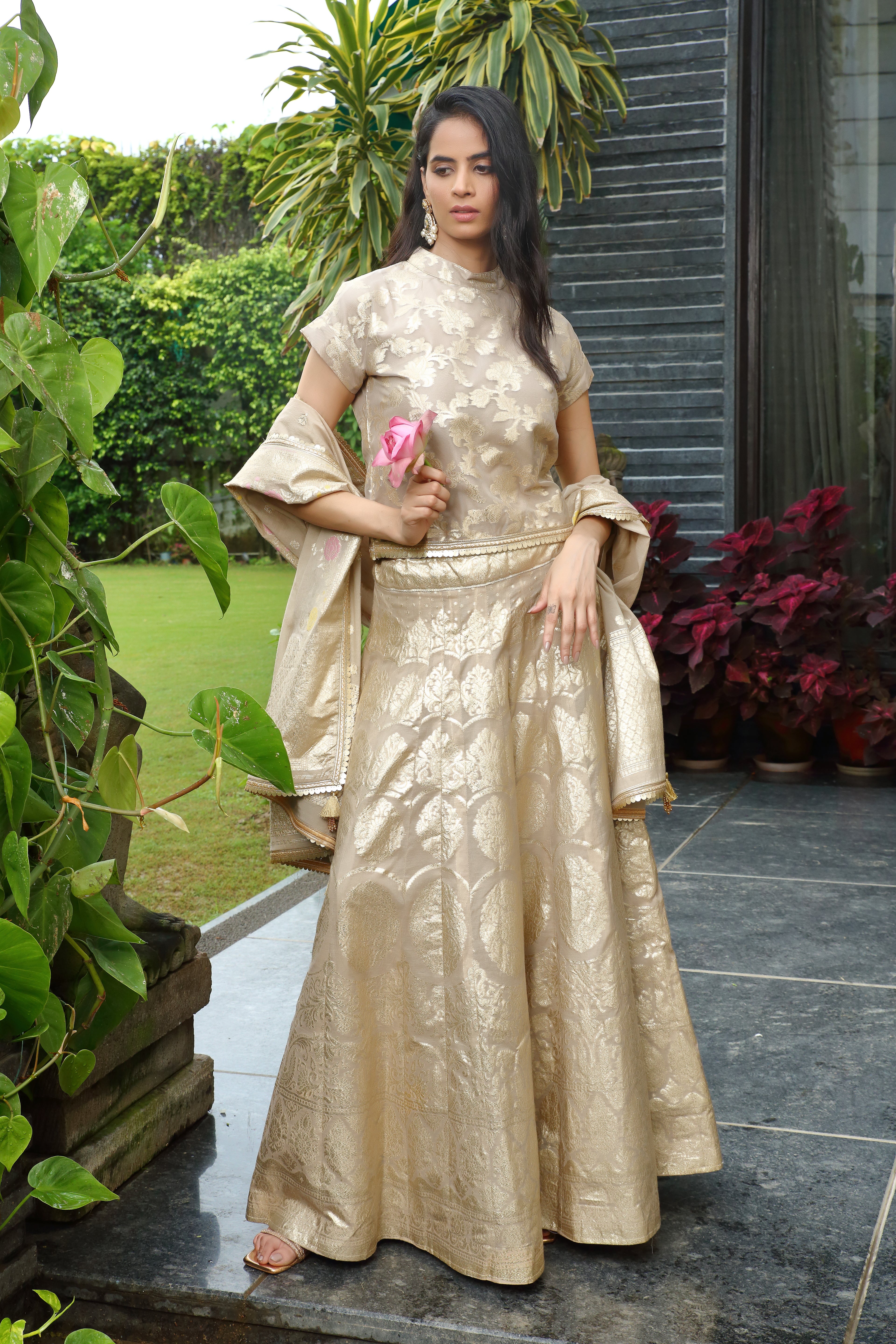Gold Chanderi Palak Ghaghra Set