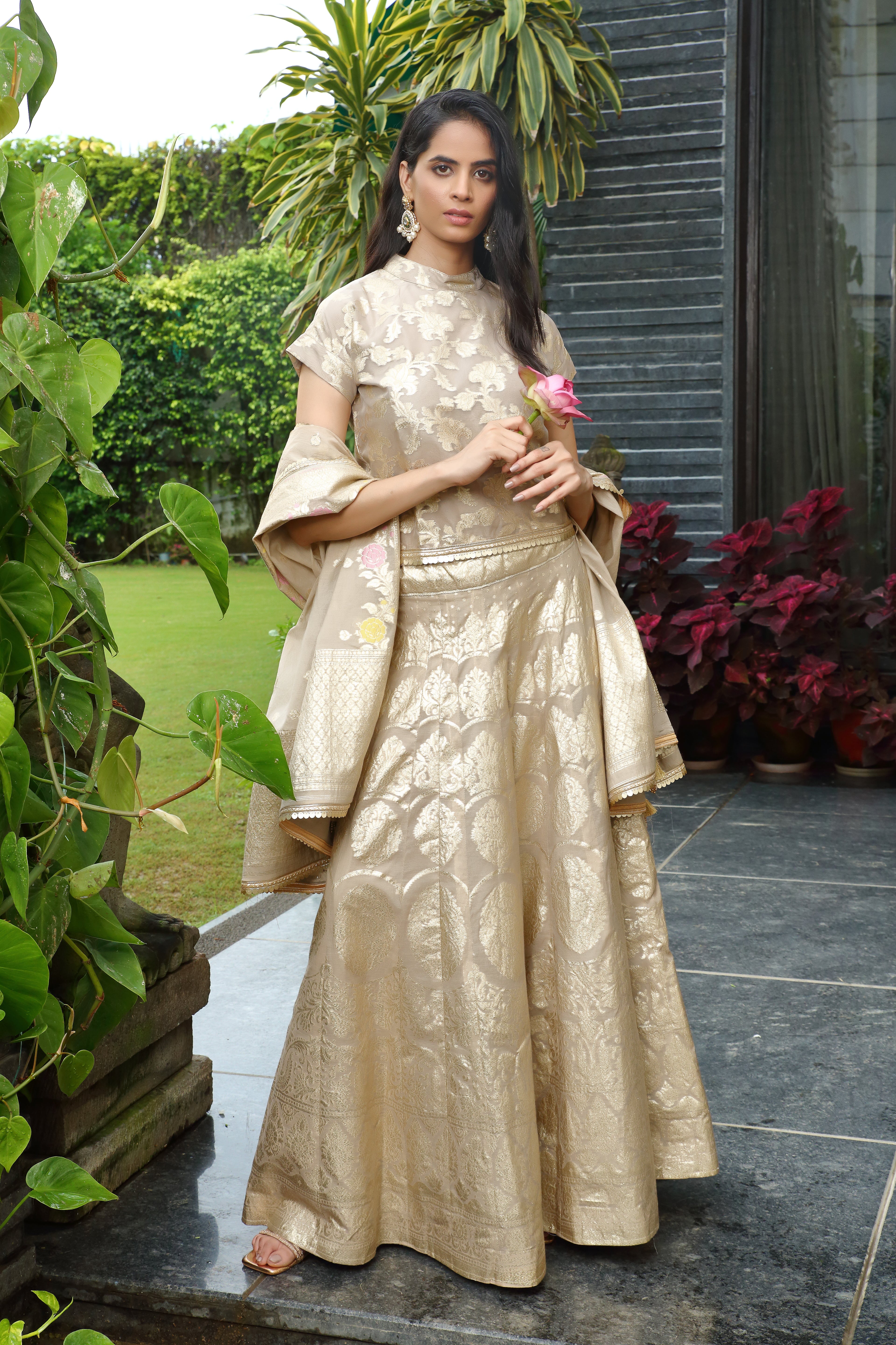 Gold Chanderi Palak Ghaghra Set