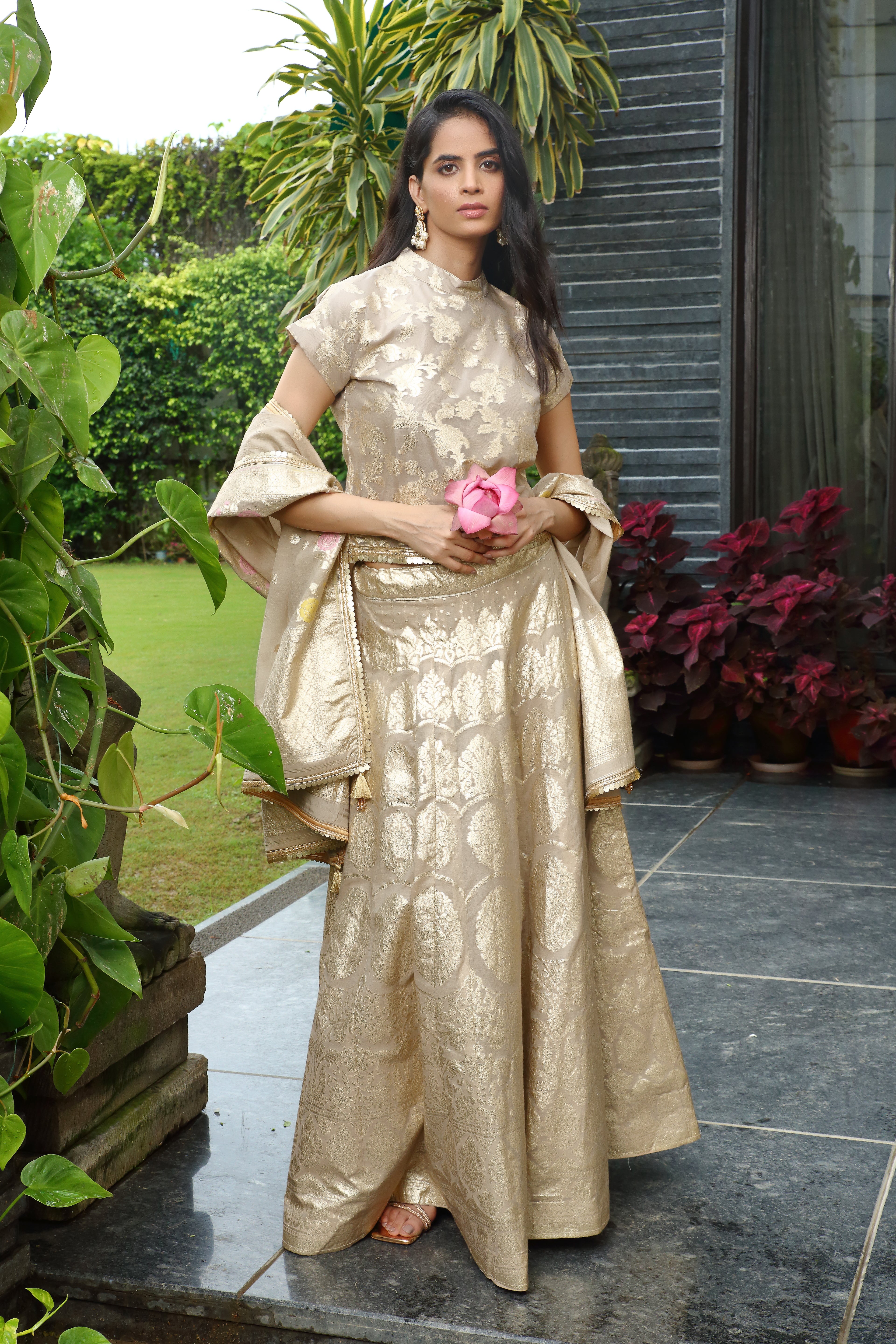 Gold Chanderi Palak Ghaghra Set