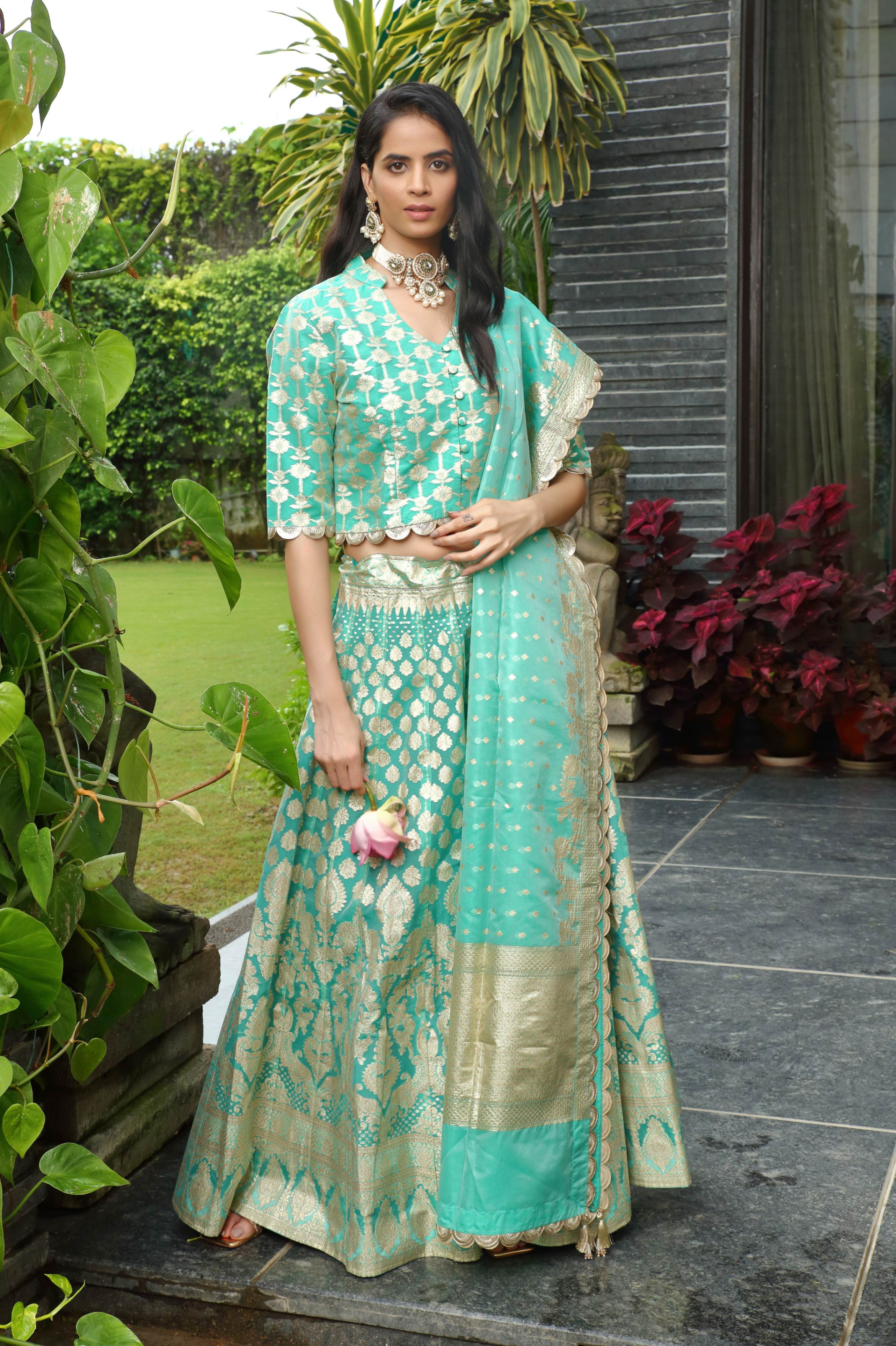 Sea Green & Gold Palak Ghaghra set