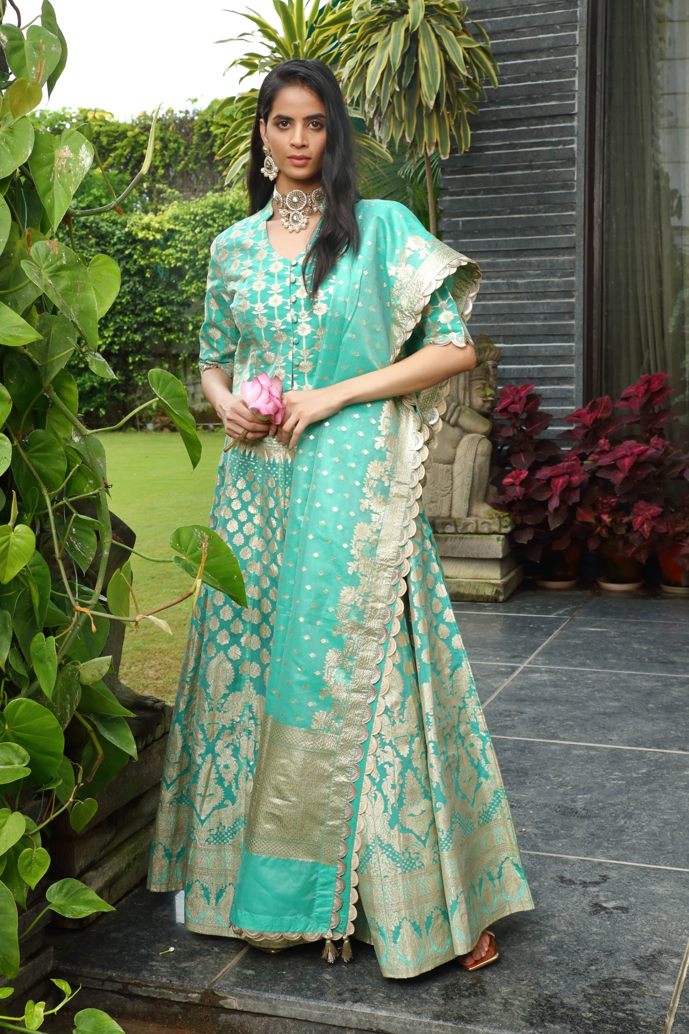 Sea Green & Gold Palak Ghaghra set