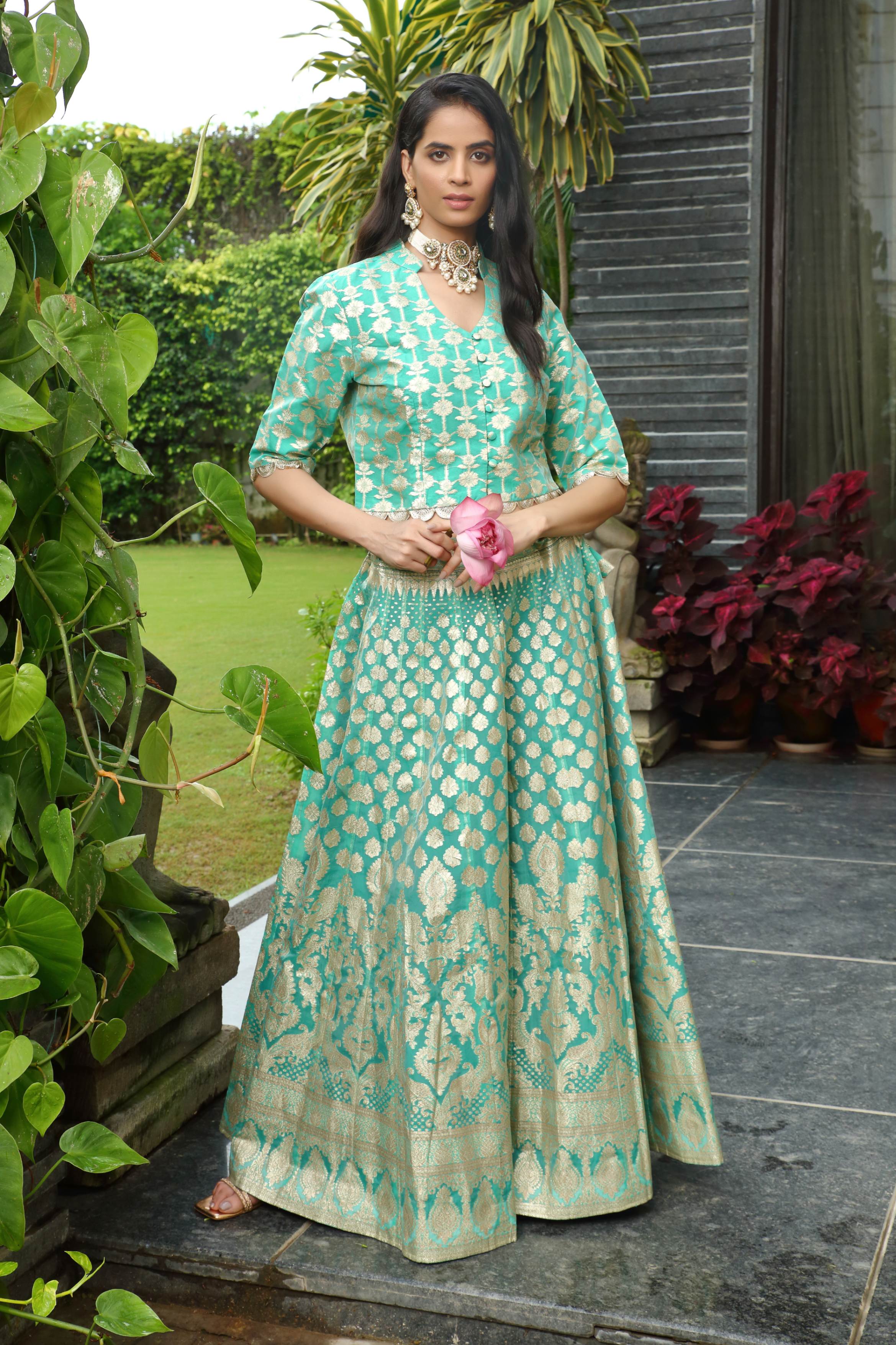 Sea Green & Gold Palak Ghaghra set