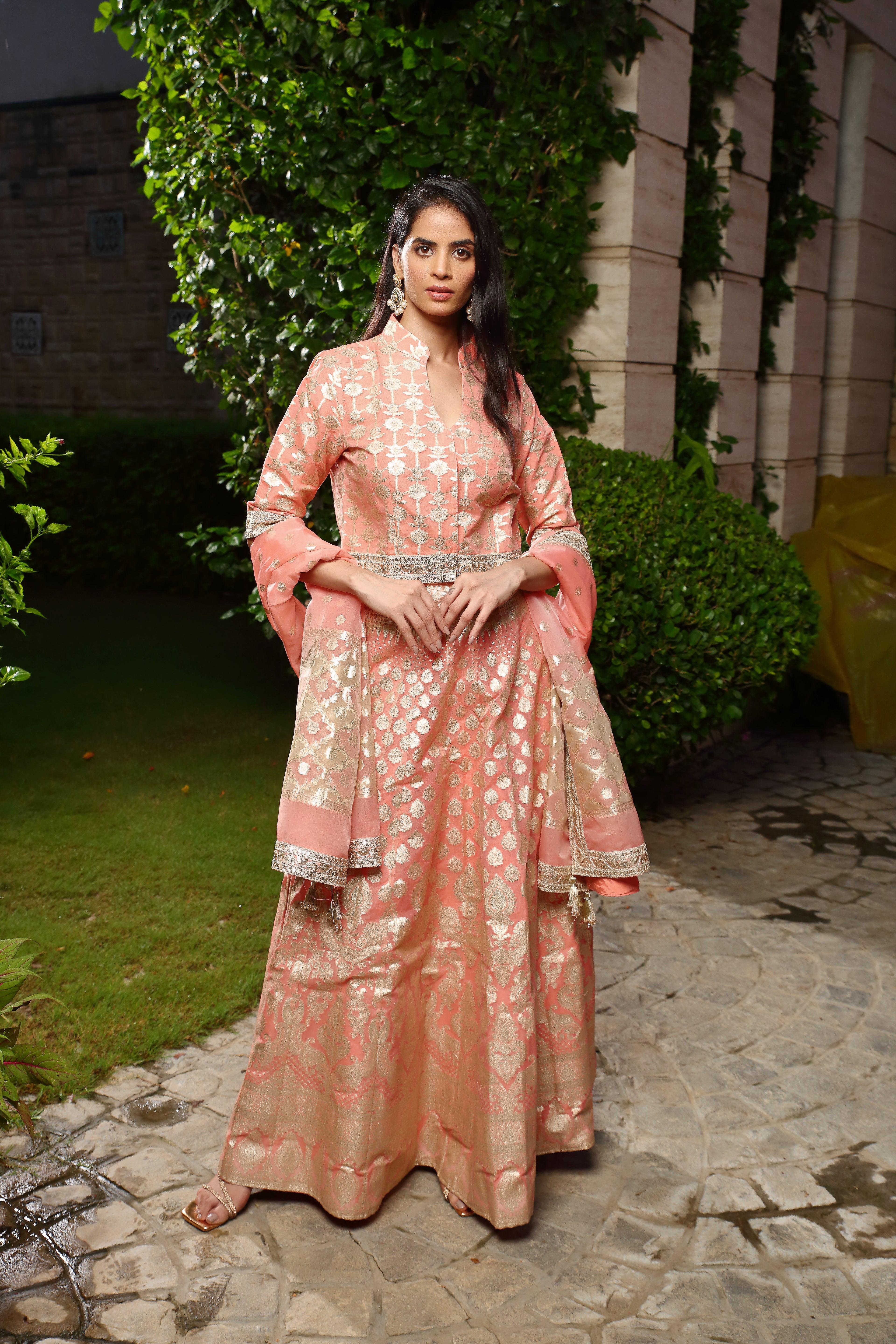 Coral & Gold Palak Ghaghra Set