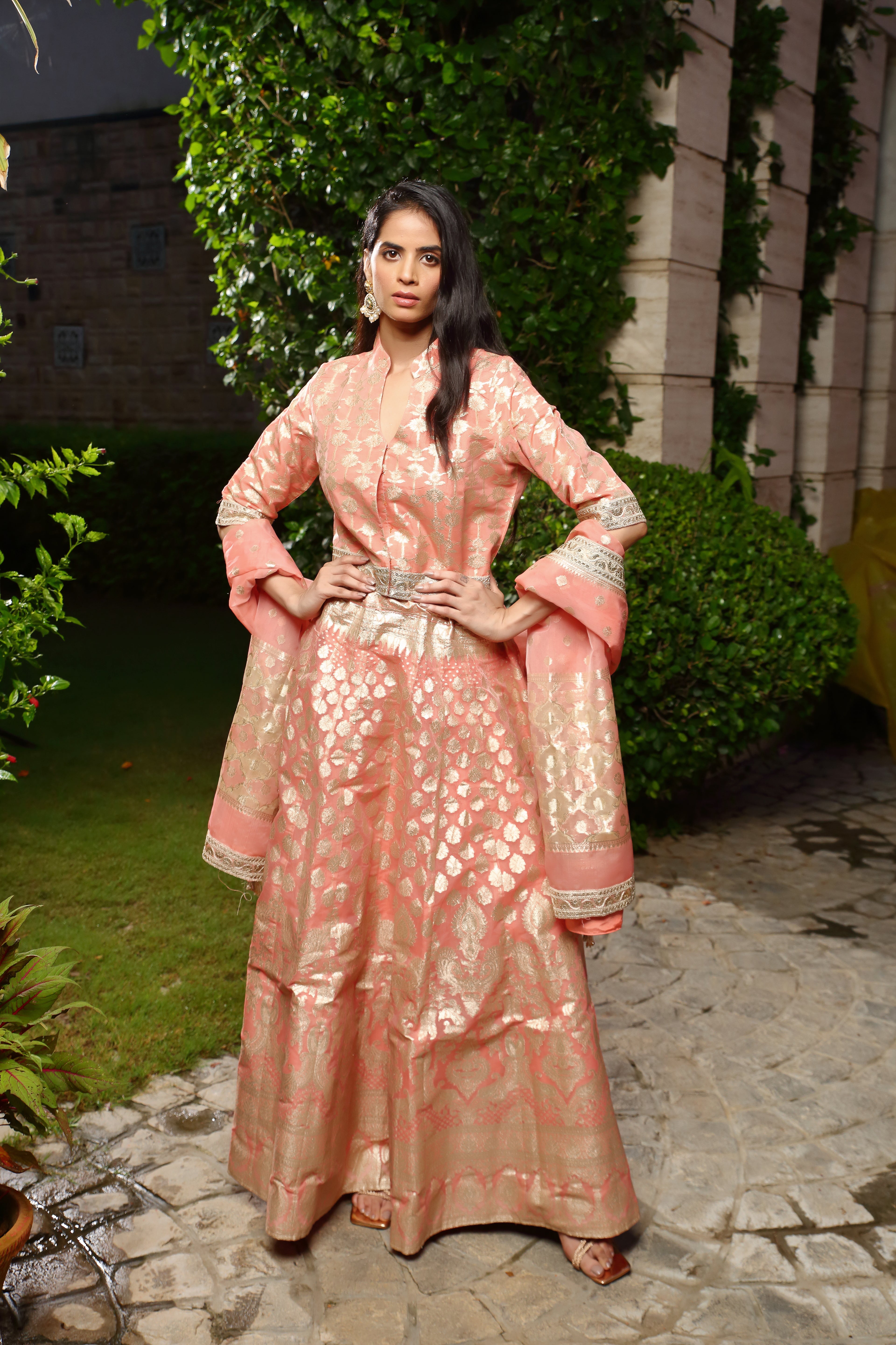 Coral & Gold Palak Ghaghra Set