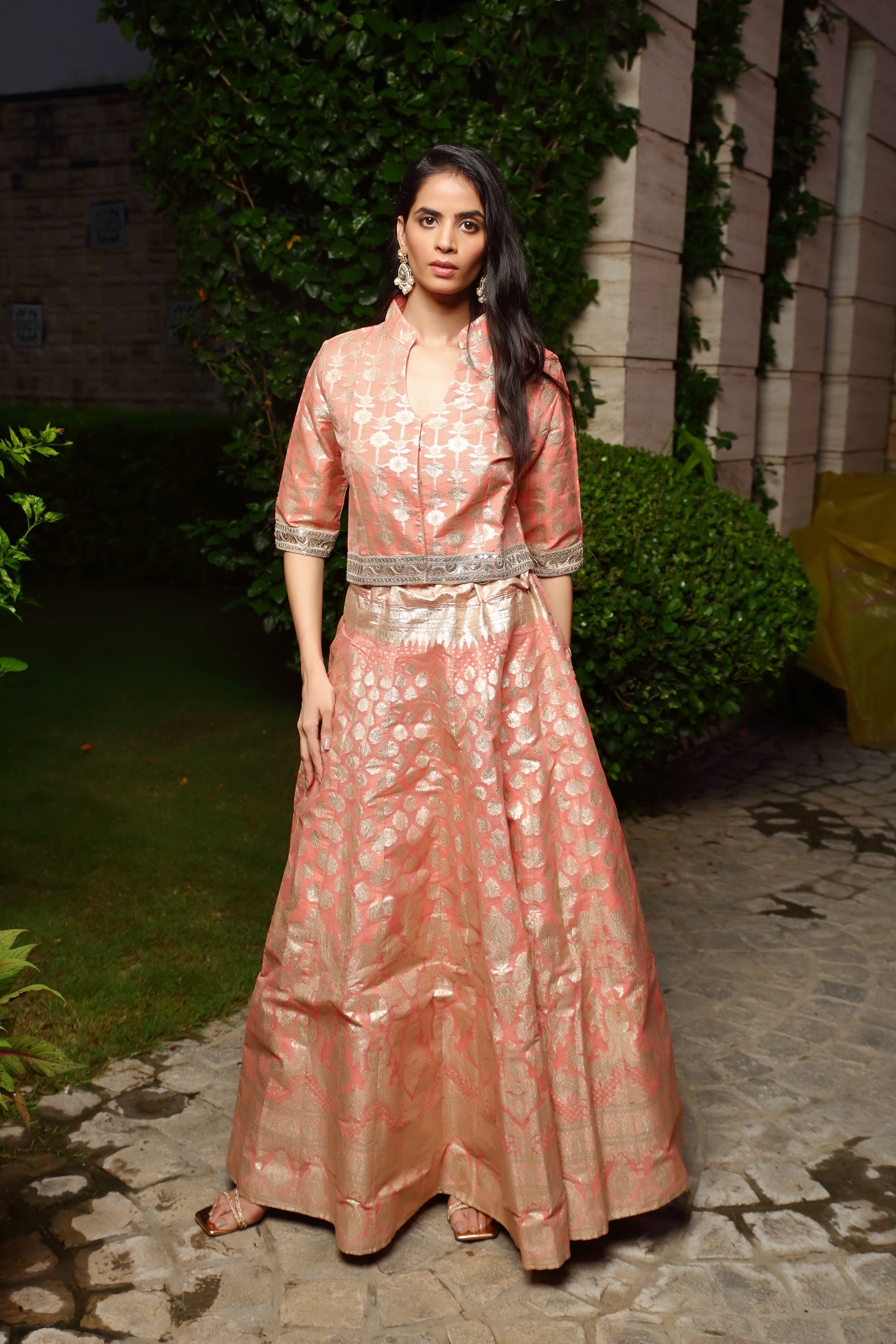 Coral & Gold Palak Ghaghra Set