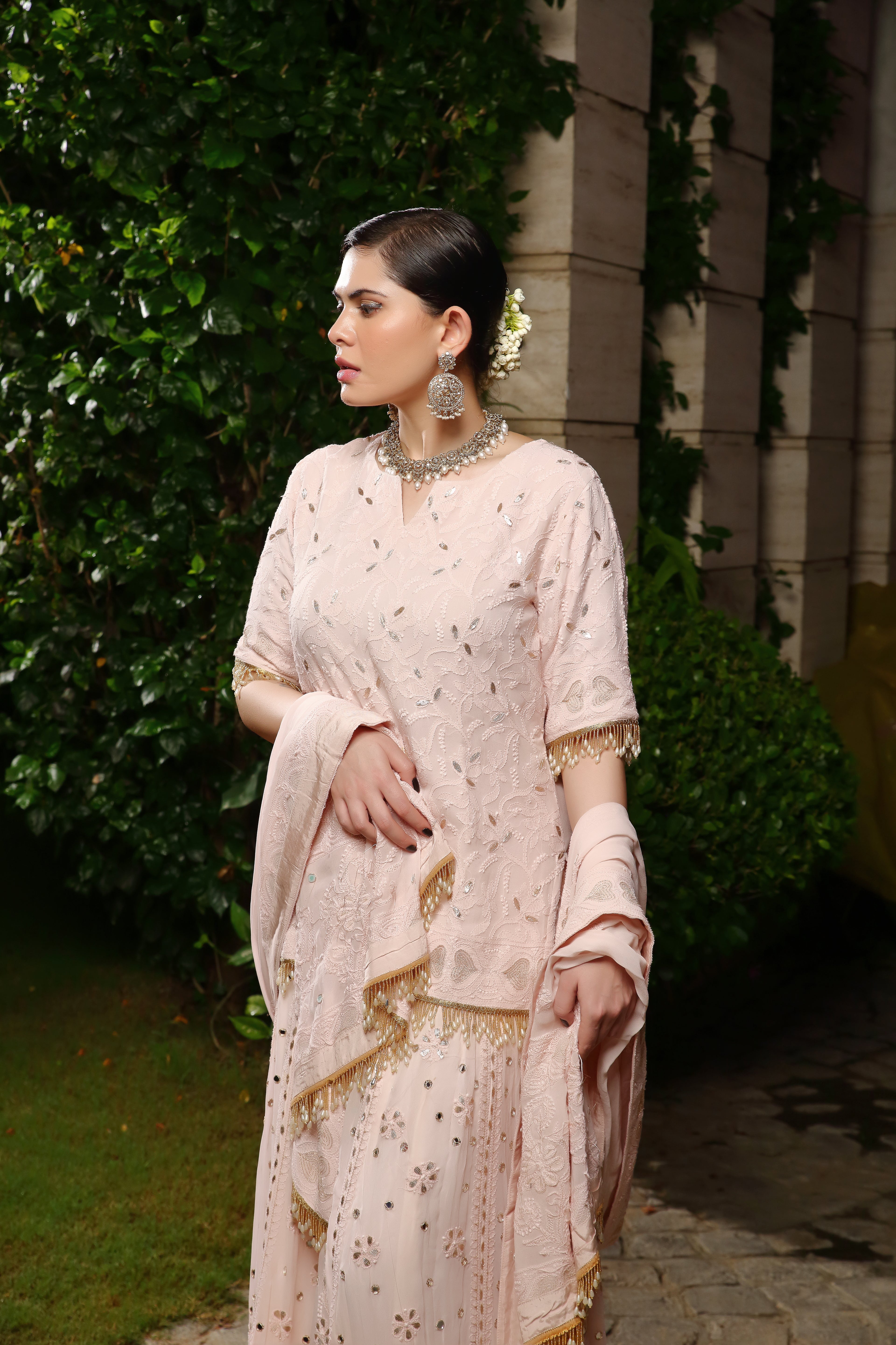 Peach/Gold Georgette Ghagra Set with Mirror and Dabka