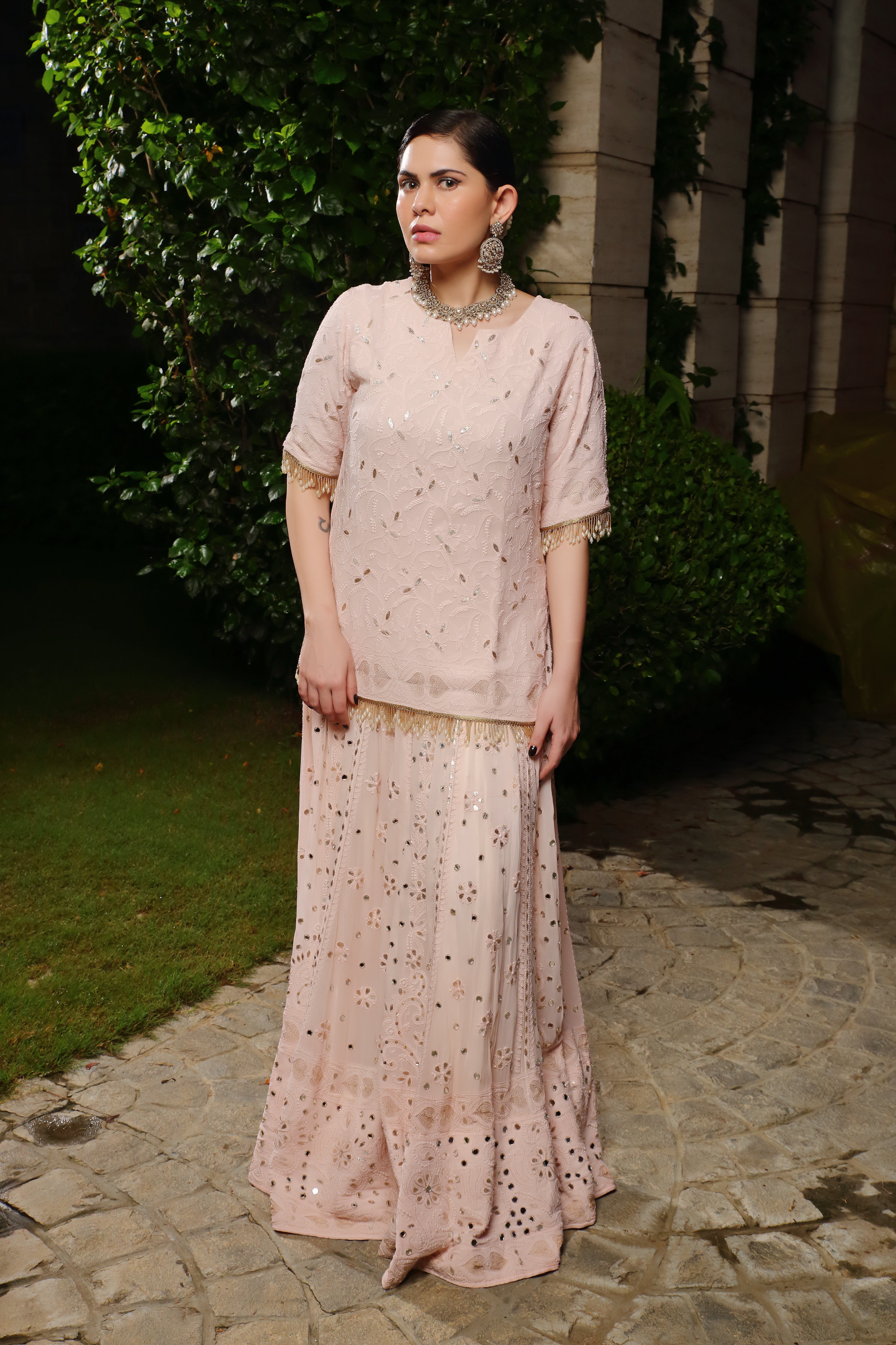 Peach/Gold Georgette Ghagra Set with Mirror and Dabka