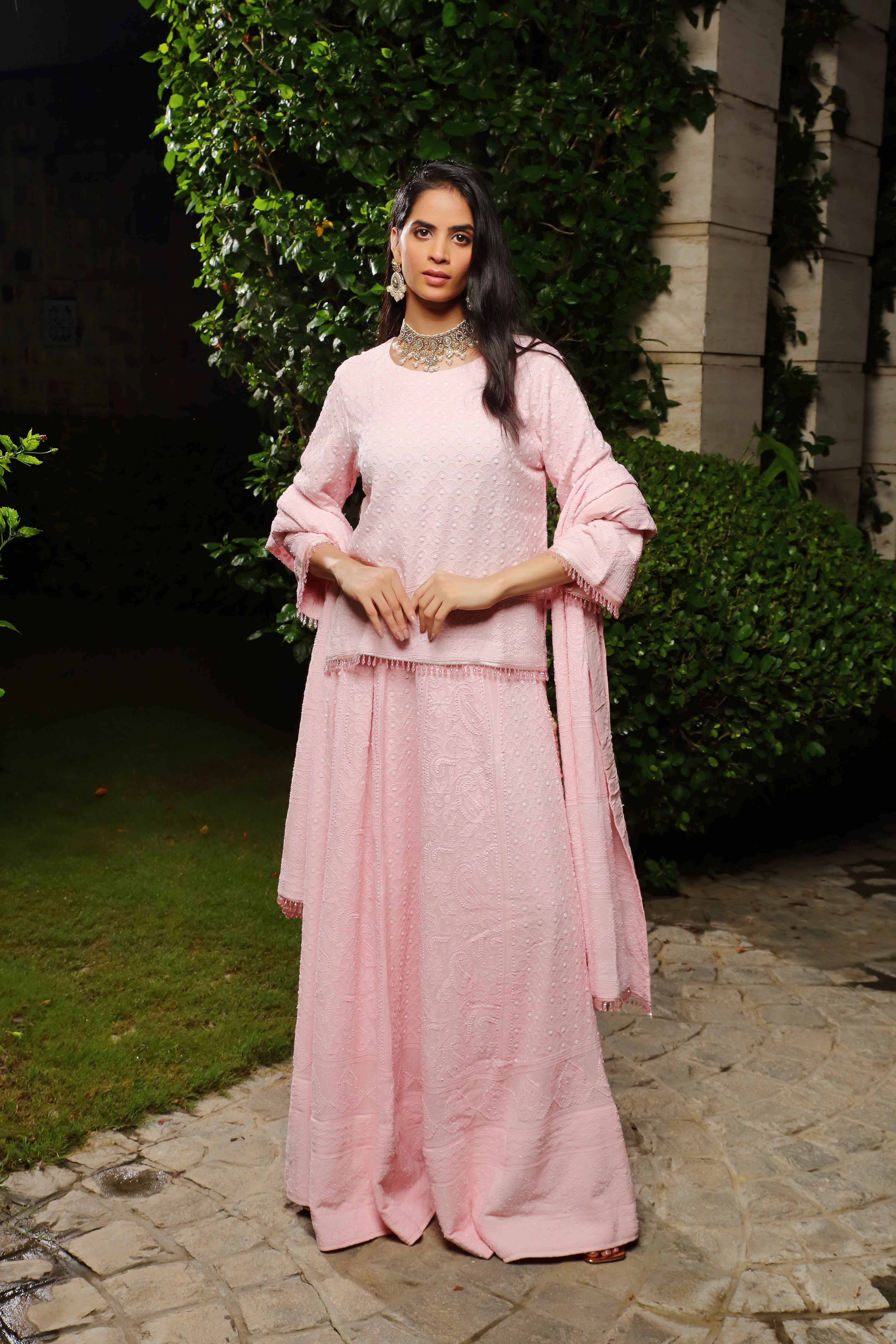 Pink Georgette Chikankari & Moti Cutdana Hoor Ghagra Dupatta & Blouse