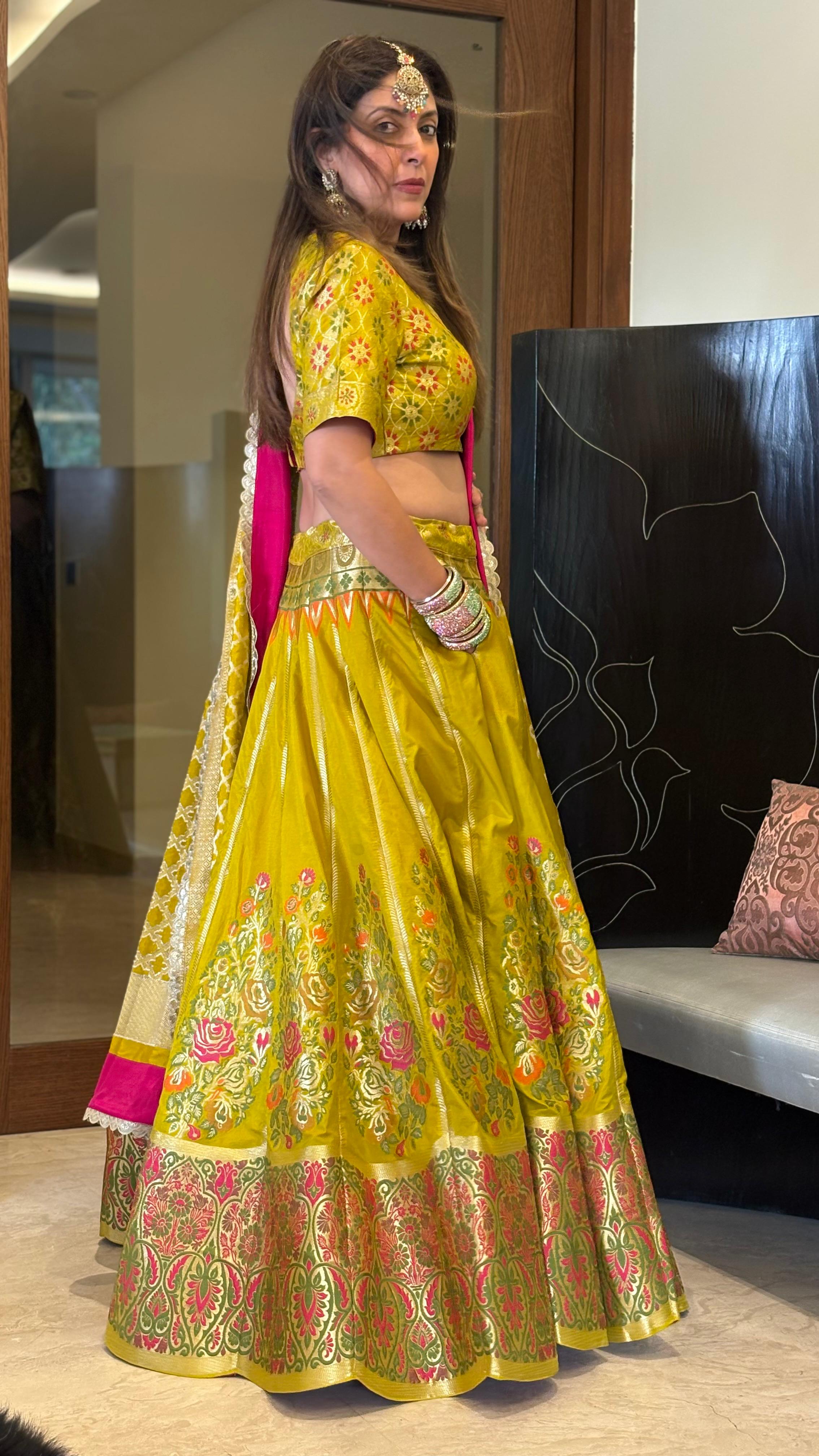 Niamat Banarasi Lehenga Set in Mustard & Pink
