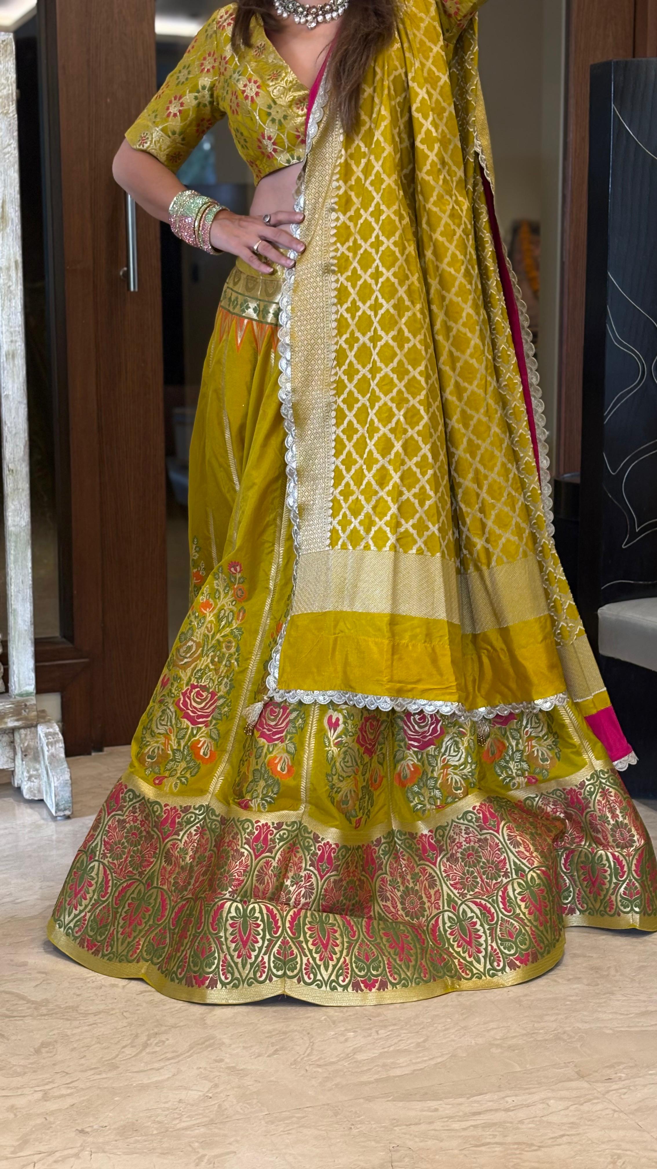 Niamat Banarasi Lehenga Set in Mustard & Pink